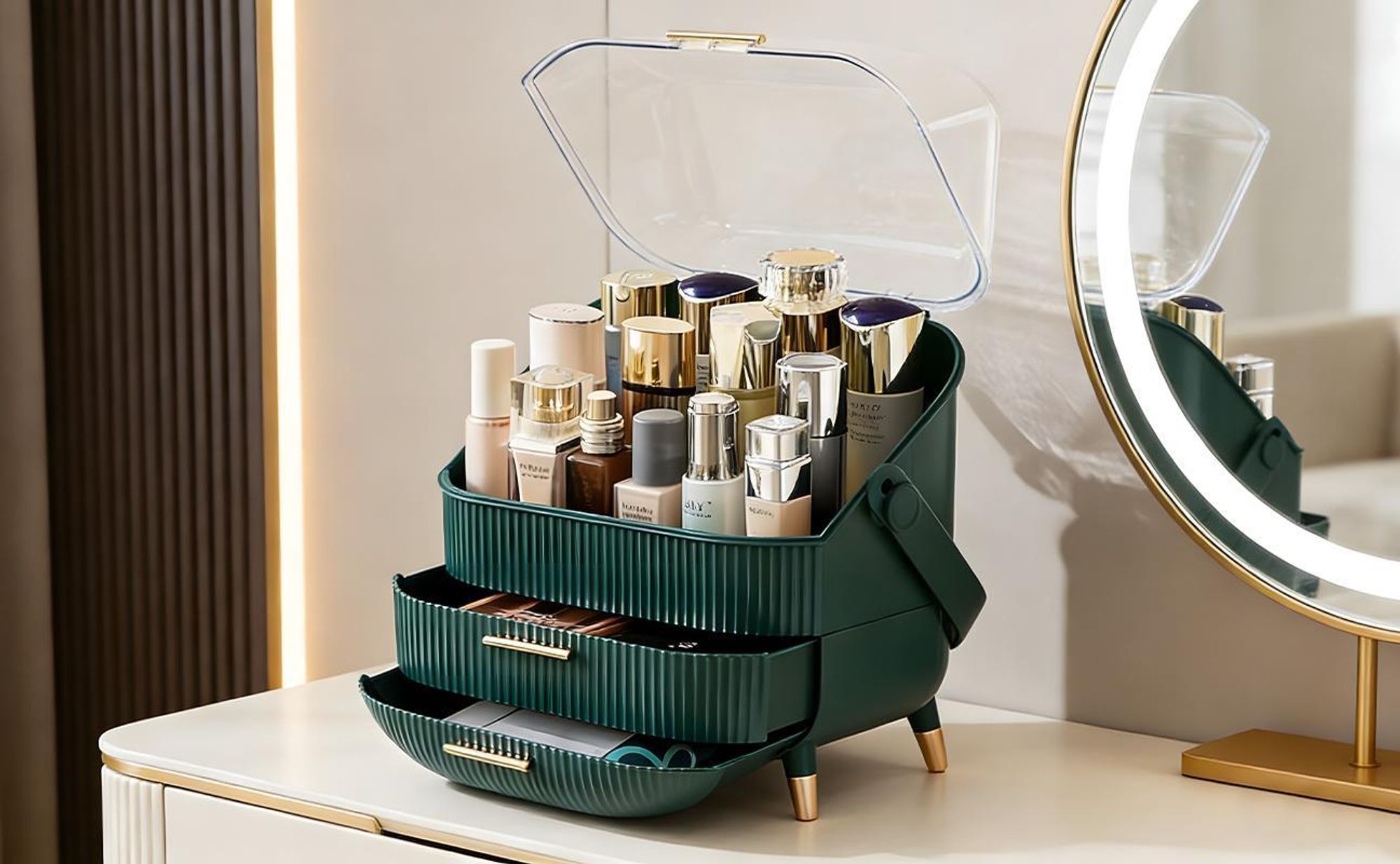 ZMH Make-Up Organizer Kosmetikorganizer mit 2 Schubladen Aufbewahrungsbox(26x16x38 cm)für Kosmetik Lippenstifte Schlafzimmer Kommode Dunkelgrün