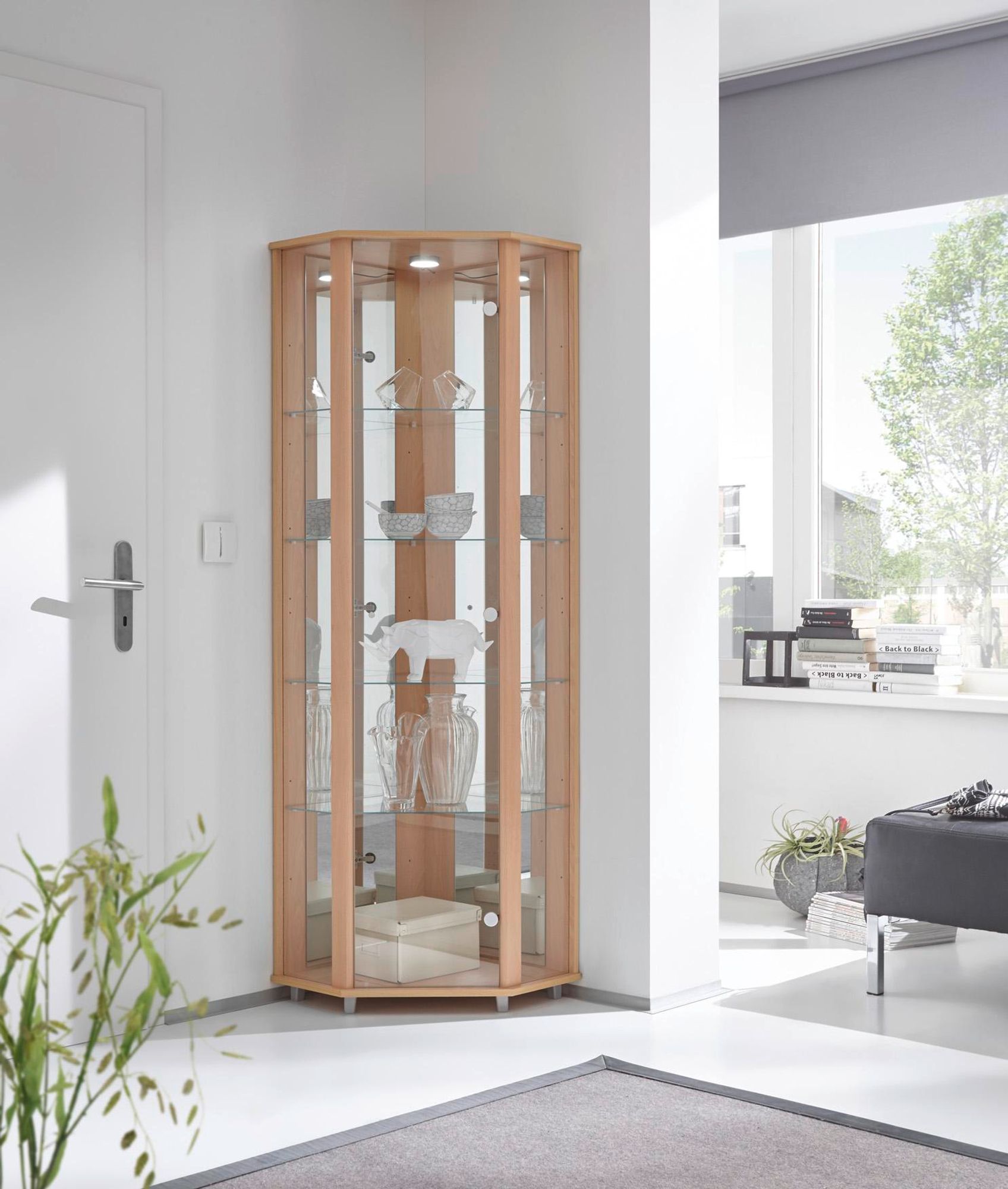 freiraum Eckvitrine TRIO – Glasvitrine mit Glastür und 4 Einlegeböden