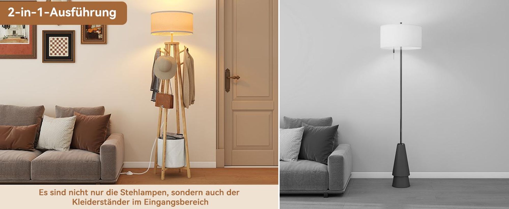 Puluomis Stehlampe mit Garderoben-Ständer 176cm, 8 Haken & Stauraum, Leinen Lampenschirm E27 Fassung, Fußschalter, Für Wohnzimmer beige