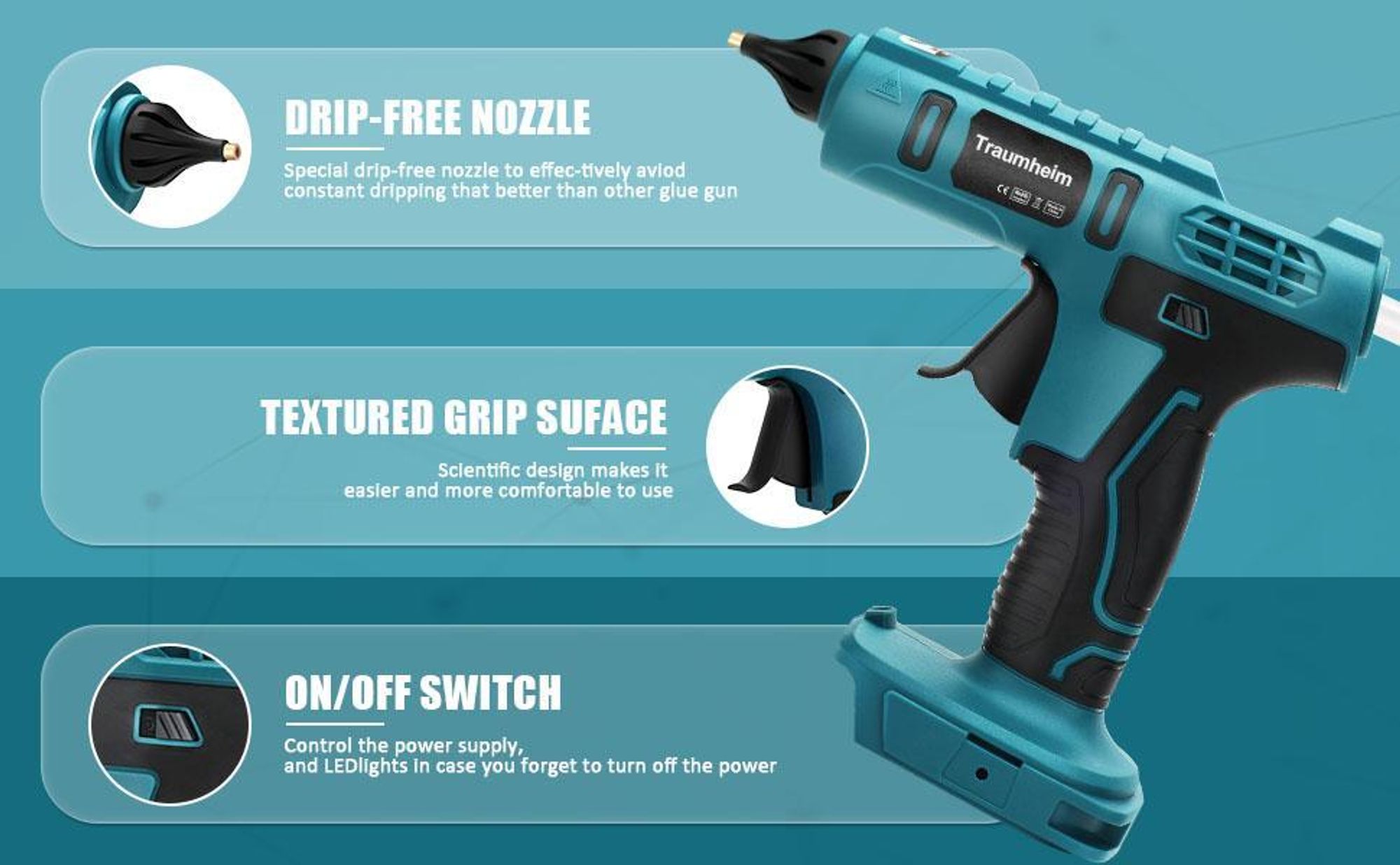 Akku Heißklebepistole, 18V kompatibel mit Ma-kita Akkus, kabellose Klebepistole für Handwerk Heimwerken Reparatur, inklusive 20 Klebestifte,ohne Akku