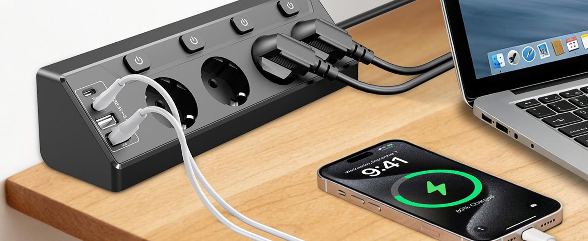 Steckdosenleiste, Steckdosenblock, Ecksteckdose, Mehrfachsteckdose, 4-fach Rund Mehrfachstecker, 4 USB (2 USB C), 2M Verlängerungskabel