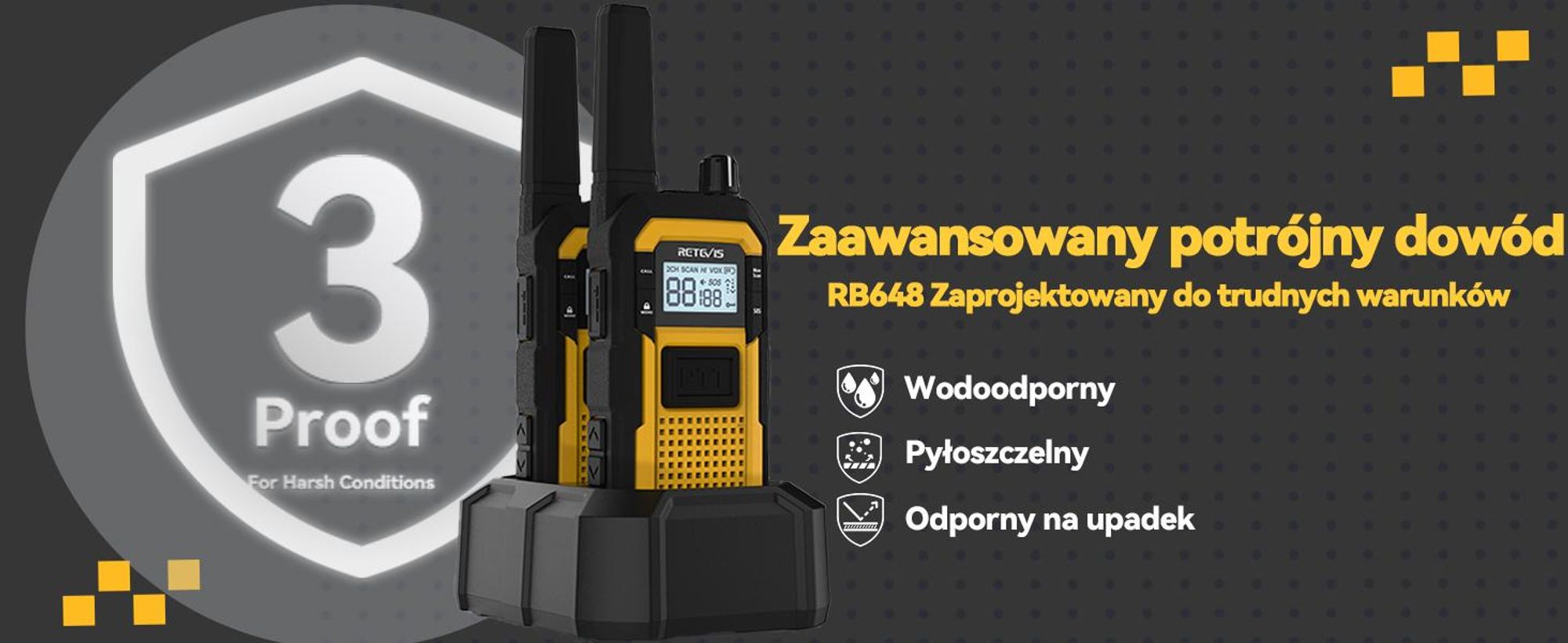 Retevis RB648 Wytrzymałe krótkofalówki, wodoodporne radio IP67, podwójne PTT, ładowanie 2000 mAh typu C, awaryjne krótkofalówki dla dorosłych na plac budowy (2 szt.)