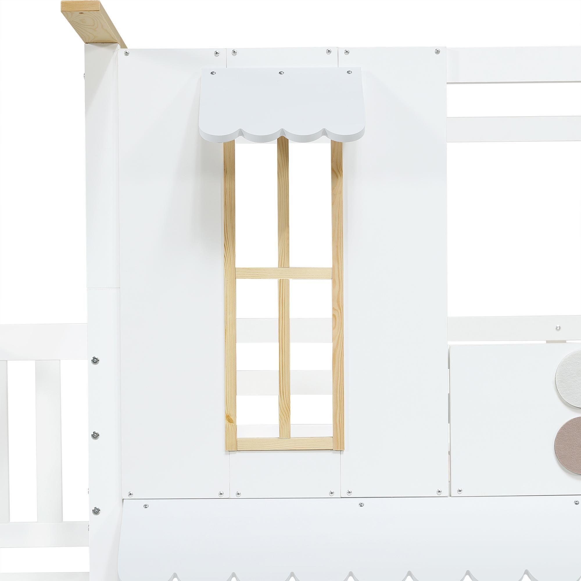 Merax Etagenbett 90x200 aus Holz mit Lattenrost, Kinderbett mit Aufbewahrungstreppe und Fenster, Jungenbett mit Filzdeko und Dachkante, Weiß+Natur