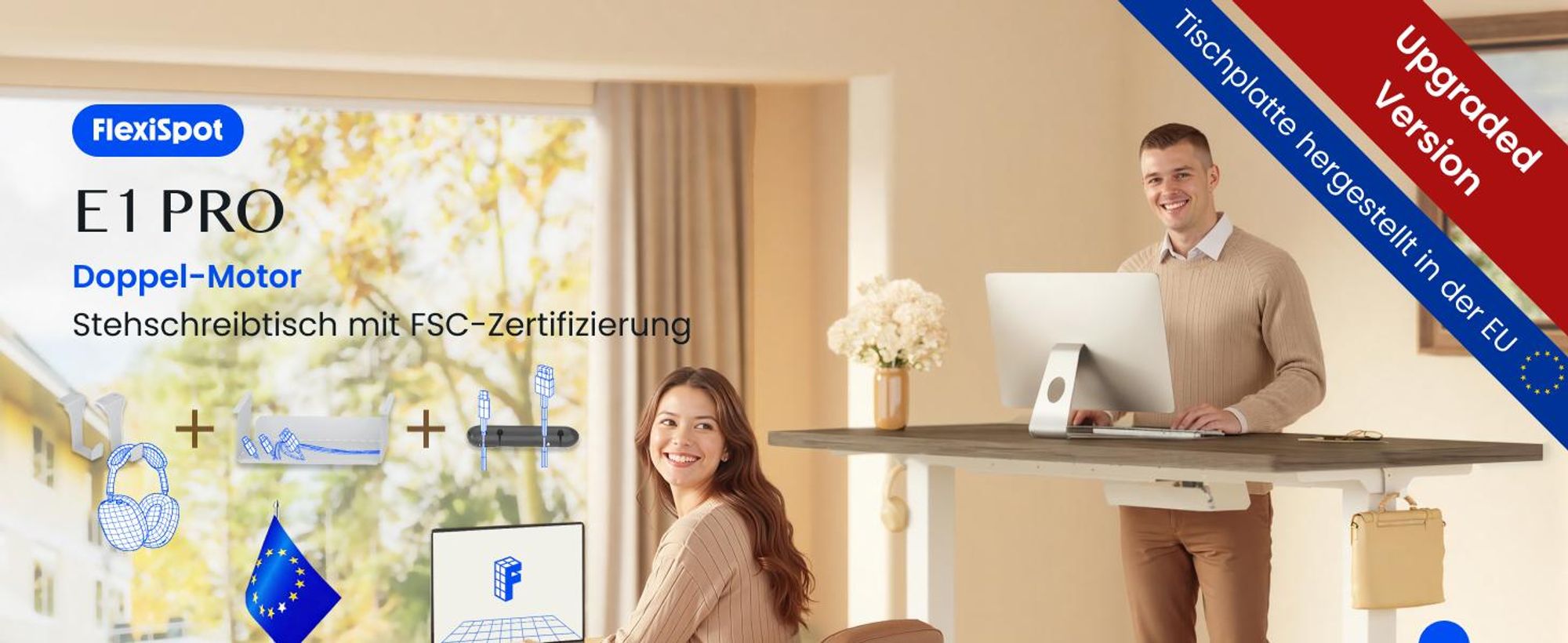 FLEXISPOT E1 Pro Elektrisch Höhenverstellbarer Schreibtisch EU, 120x80cm 25MM EINTEILIGE TISCHPLATTE Doppelmotor 120KG Tragkraft Natur-Eiche Optik