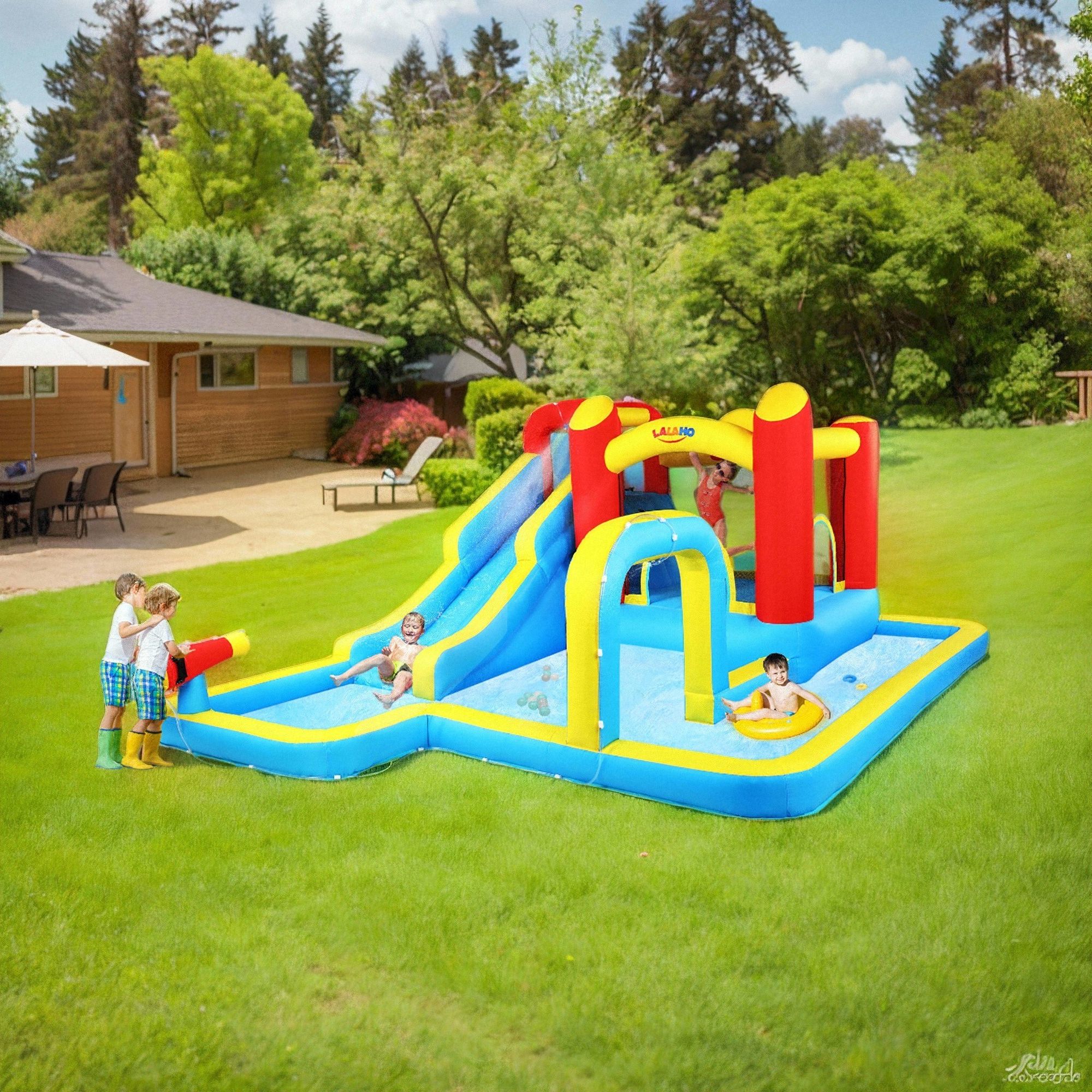 FCH Aufblasbare Hüpfburg mit Gebläse,Wasserrutsche aufblasbar Spielpool Wasserspielcenter Wasserpark,  465 x 365 x 195cm