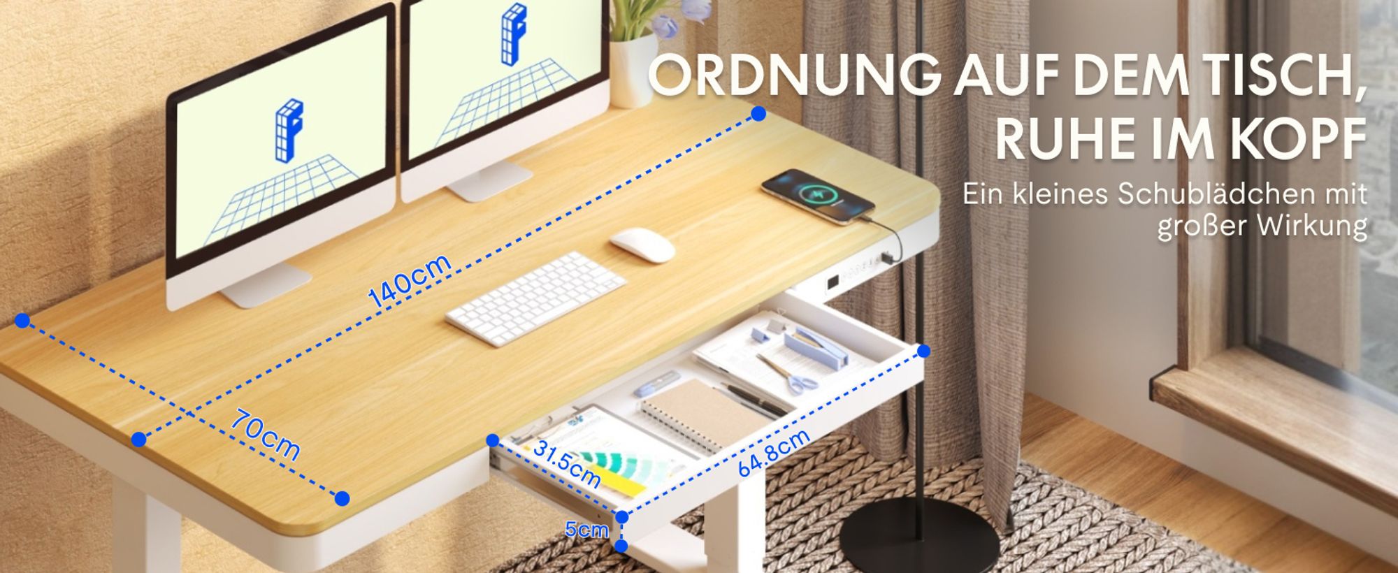 FlexiSpot Q3 Elektrisch Höhenverstellbarer Schreibtisch 140x70cm, mit USB, Schublade, LED-Display, 4 Speicherplätzen & Antikollisionsschutz, Ahorn