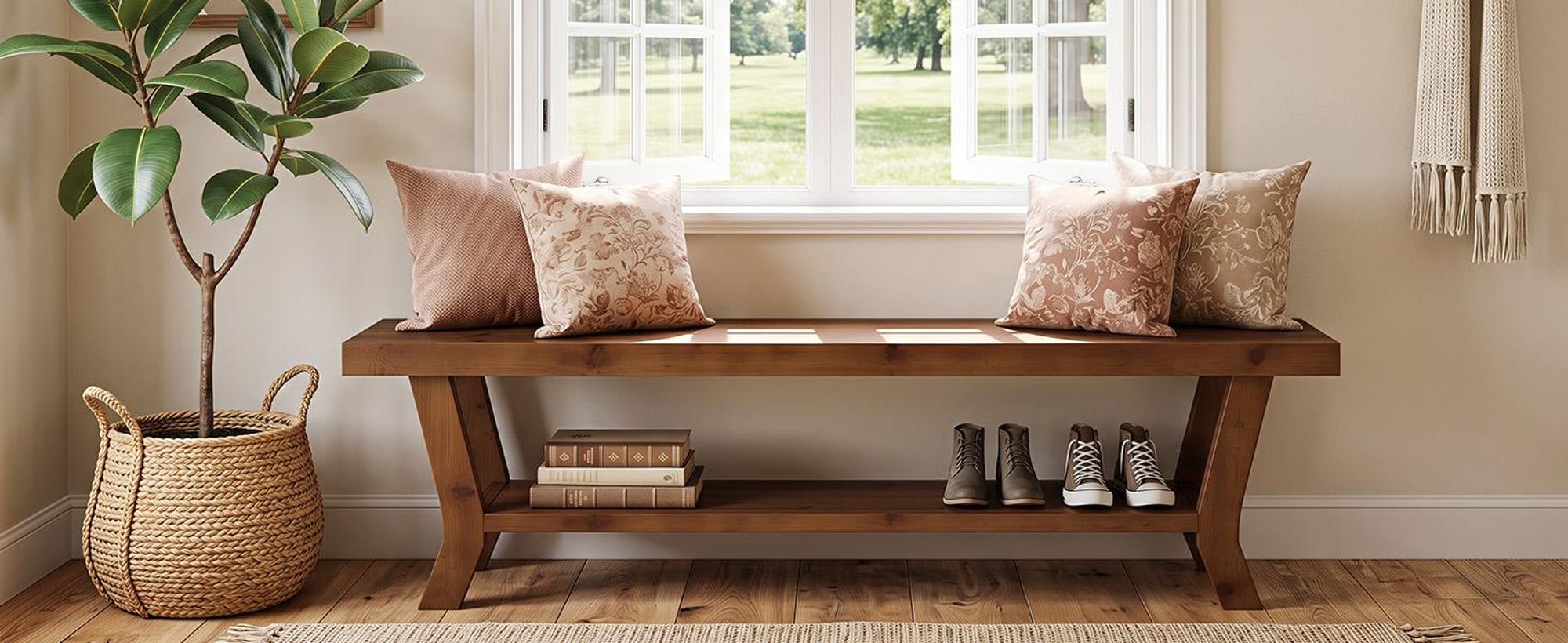 140 cm lange Massivholzbank, Flurbank mit Schuhablage, Bank im Landhausstil für Flur, Schlafzimmer, Vorraum, braun