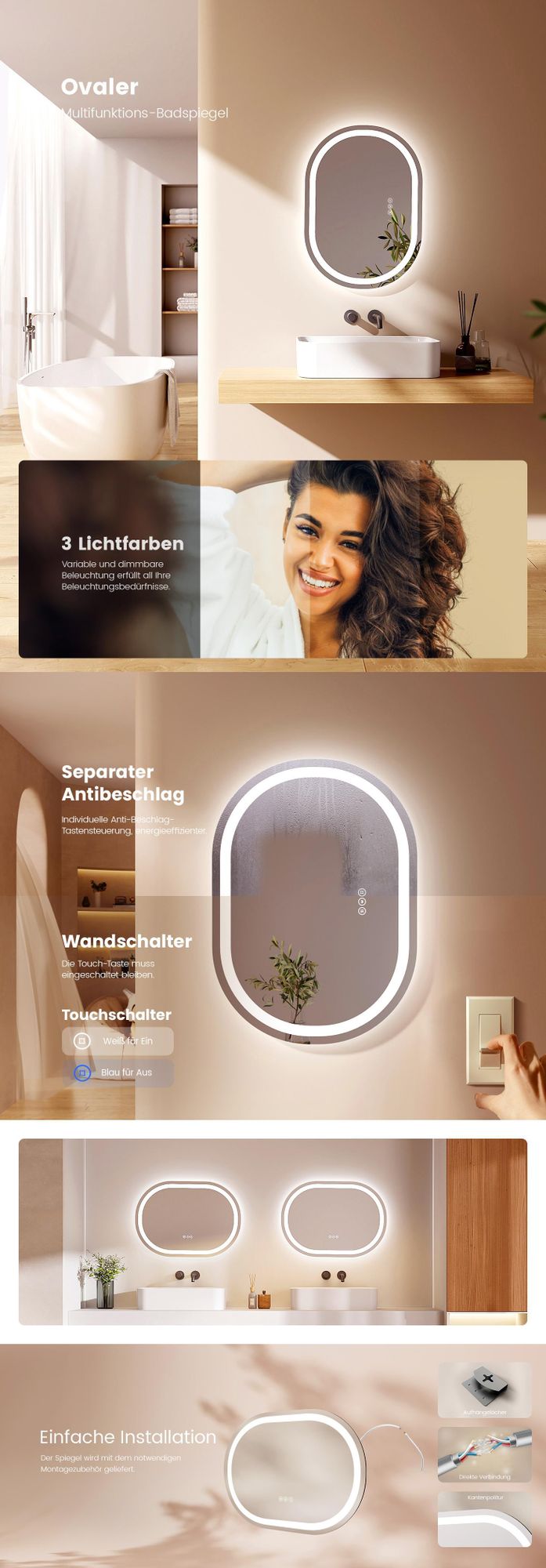 EMKE LED Badspiegel 80x60cm beschlagfrei Beleuchtung 3 Lichtfarbe Lichtspiegel Badezimmerspiegel Wandspiegel mit Touchschalter einstellbar Licht