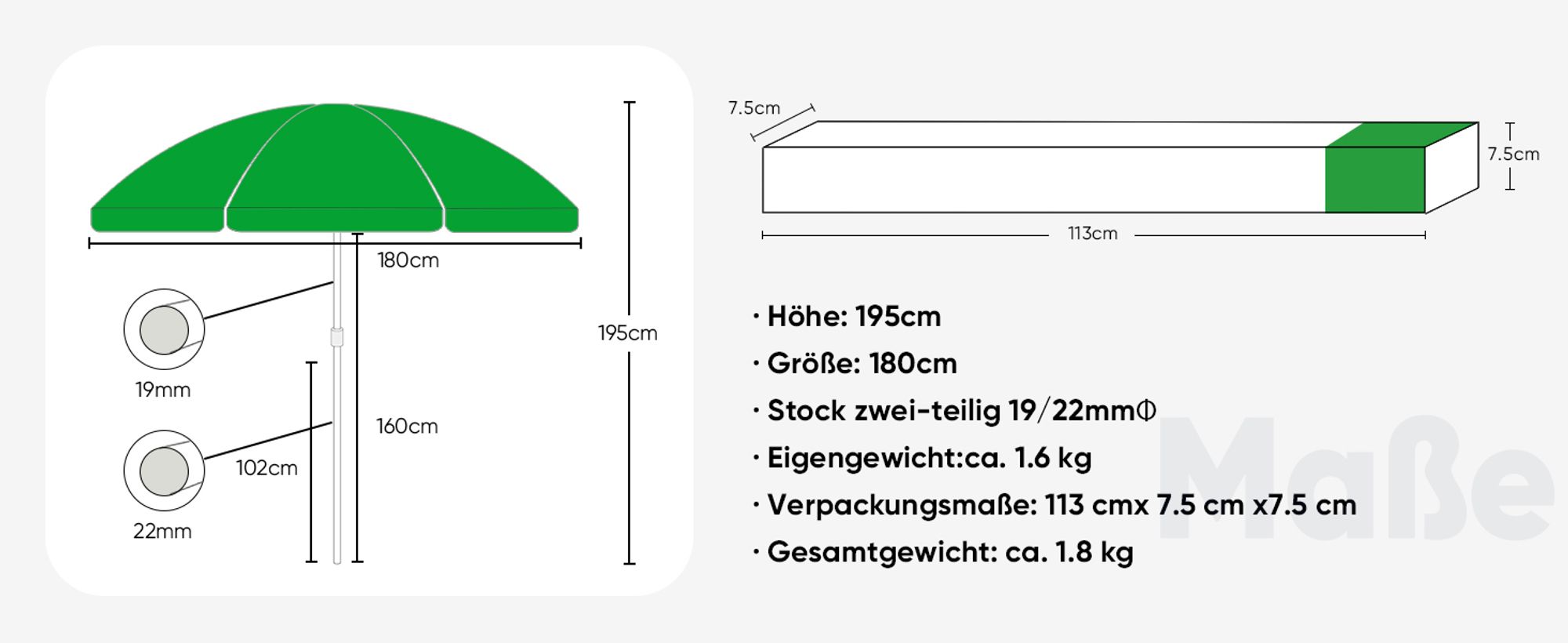 Sekey Sonnenschirm 180 cm Rund Balkonschirm Strandschirm mit Schutzhülle UV Schutz Windstabil Wasserabweisend, Grün