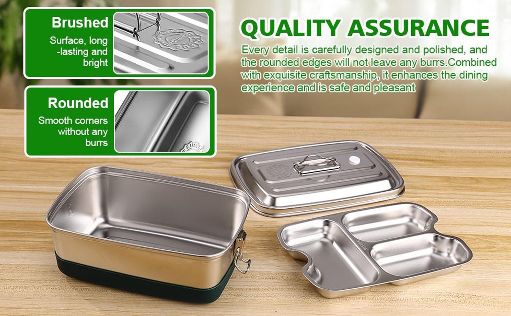 Nachhaltige Edelstahl Lunchbox 2000ml – Auslaufsichere Bento Box mit 3 Fächern, BPA-frei & Umweltfreundlich, Metall Lunchboxen für Kinder & Erwachsene
