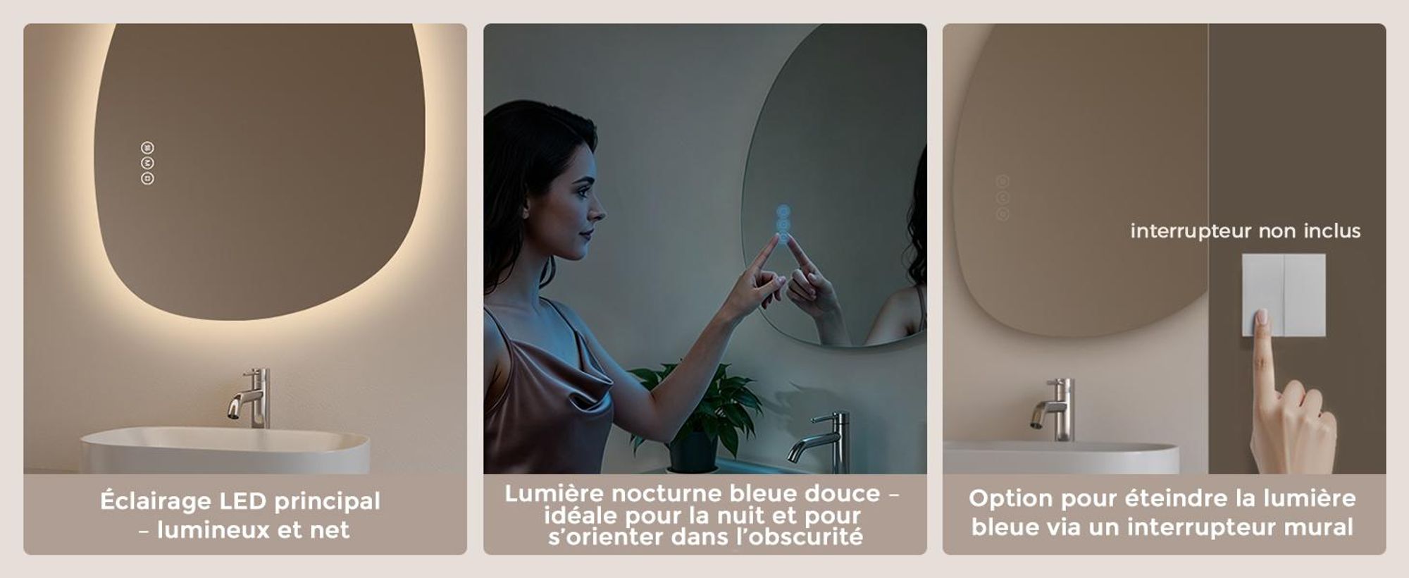 S'AFIELINA Miroir de salle de bain 60×45cm Miroir lumineux LED, 3 couleurs de lumière réglable, Interrupteur tactile, anti-buée et fonction mémoire