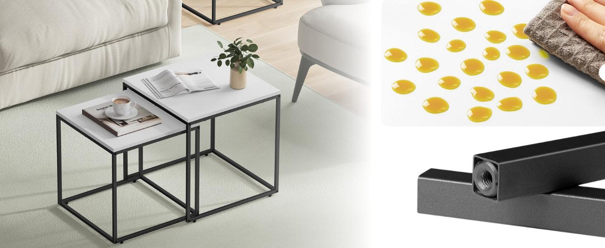 FORTENA Couchtisch 2er Set Quadratisch Weiß Schwarz – Modern Wohnzimmertisch Beistelltisch