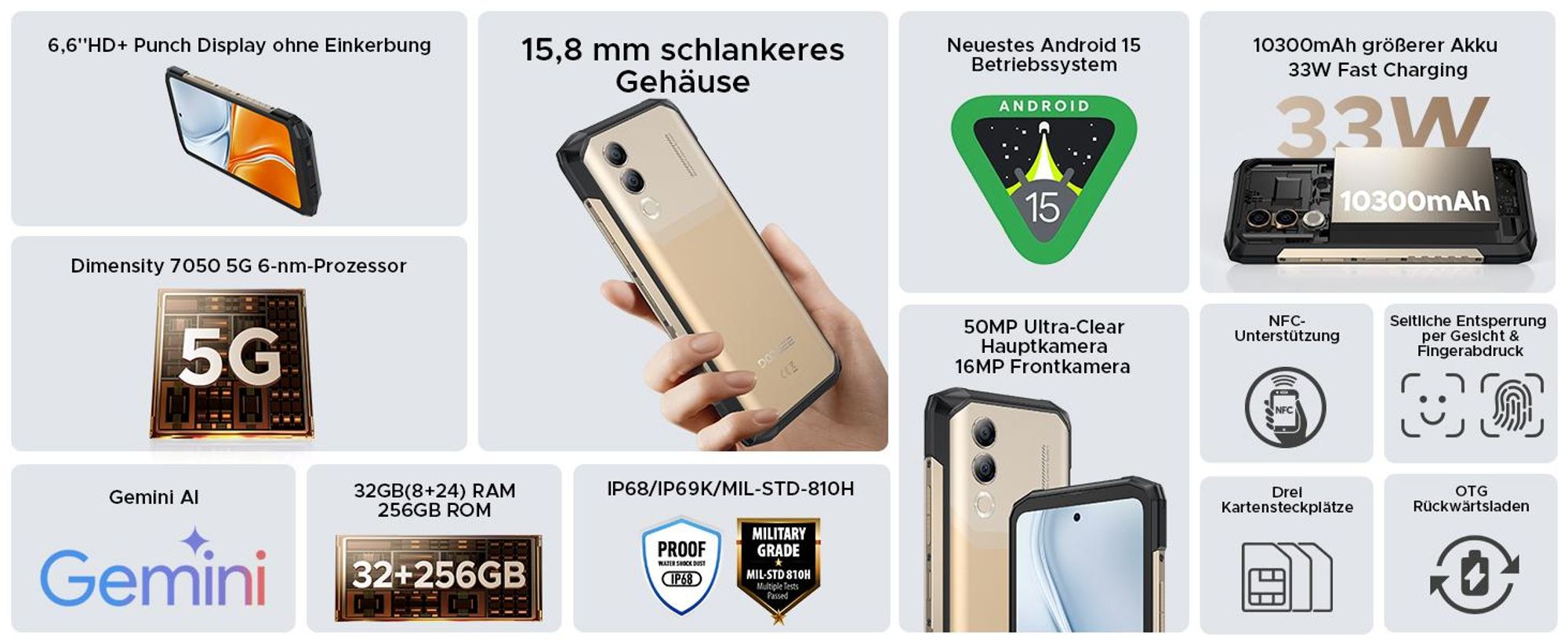 DOOGEE Blade20 Turbo Smartphone Handy, 5G, Android 15, 6,6" 90Hz, 10300mAh Akku, 33W, 8GB+256GB, 50MP, NFC, Fingerabdruck, ohne Vertrag