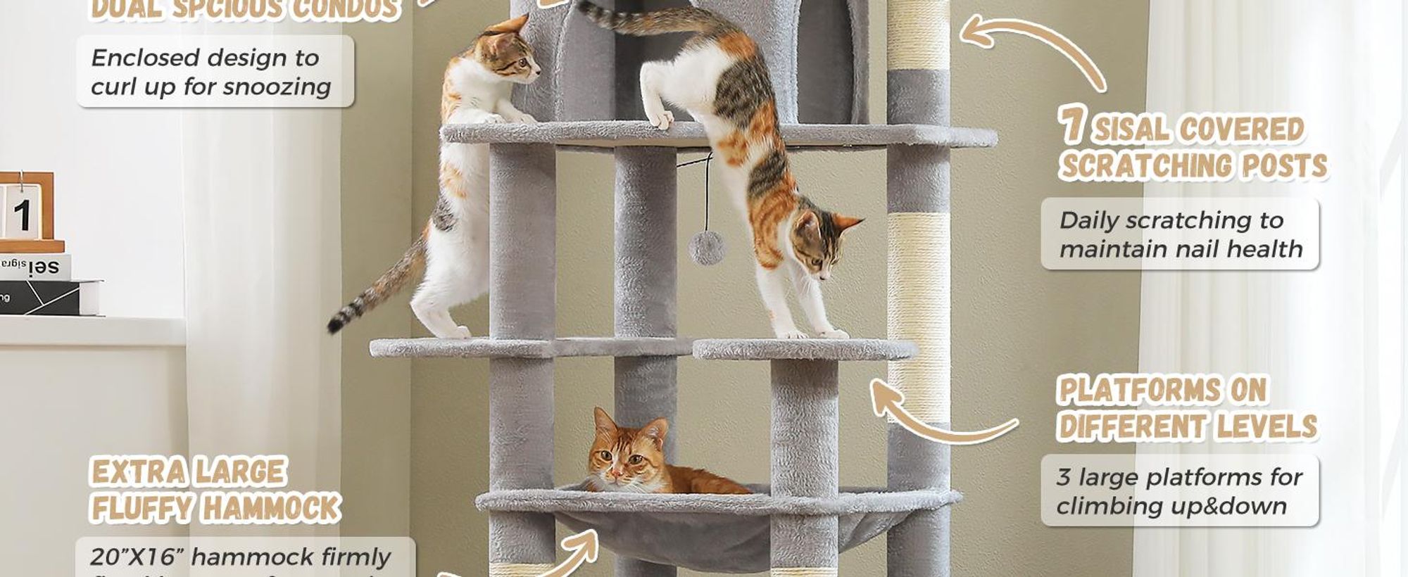 PURPURRA Robuster Kratzbaum für große Katzen, 200 cm hoher Katzenturm mit 2 Sitzstangen, 2 Höhlen und geräumiger Hängematte, XL extra große Höhle