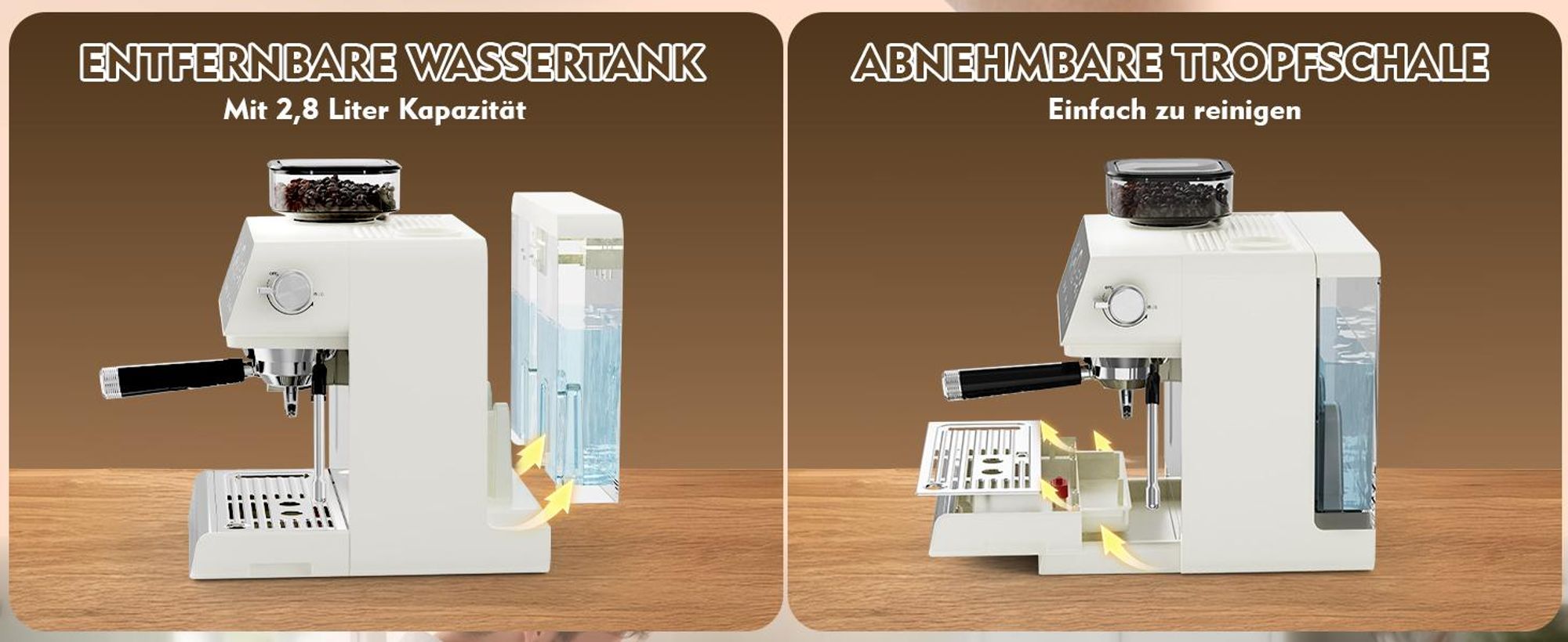 CHEFFANO Espressomaschine mit integriertem Mahlwerk, 20 Bar Pumpdruck, Milchaufschäumer für Cappuccino und Latte, 19 Mahlstufen und 2,8 L abnehmbarer