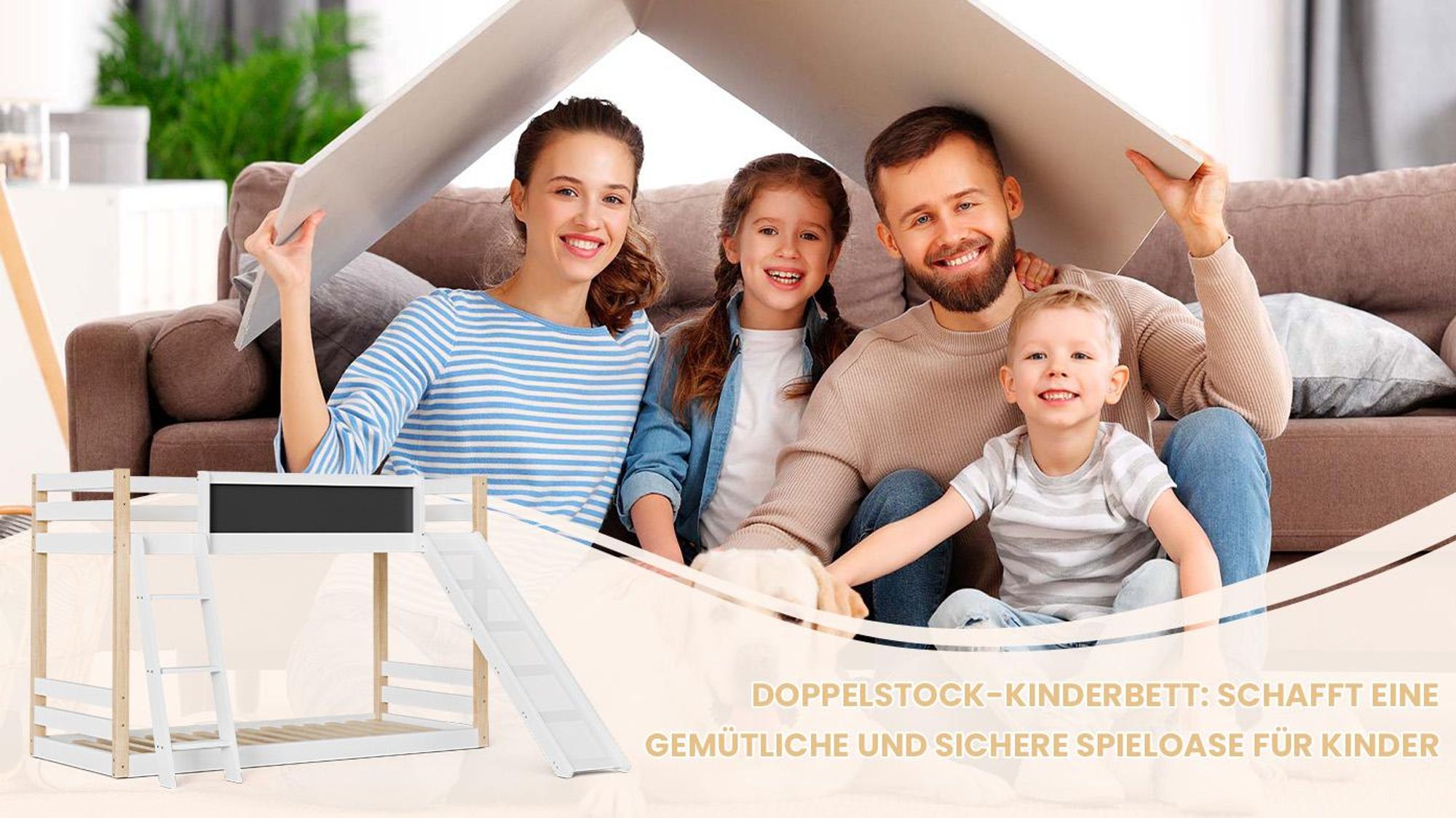 LVHOM Etagenbett mit Rutsche und Treppe, Hochbett 90x200/90x190cm mit Tafeln, Kinderbett aus Massivholz, Jugendbett Bettgestell, Weiß/Natur