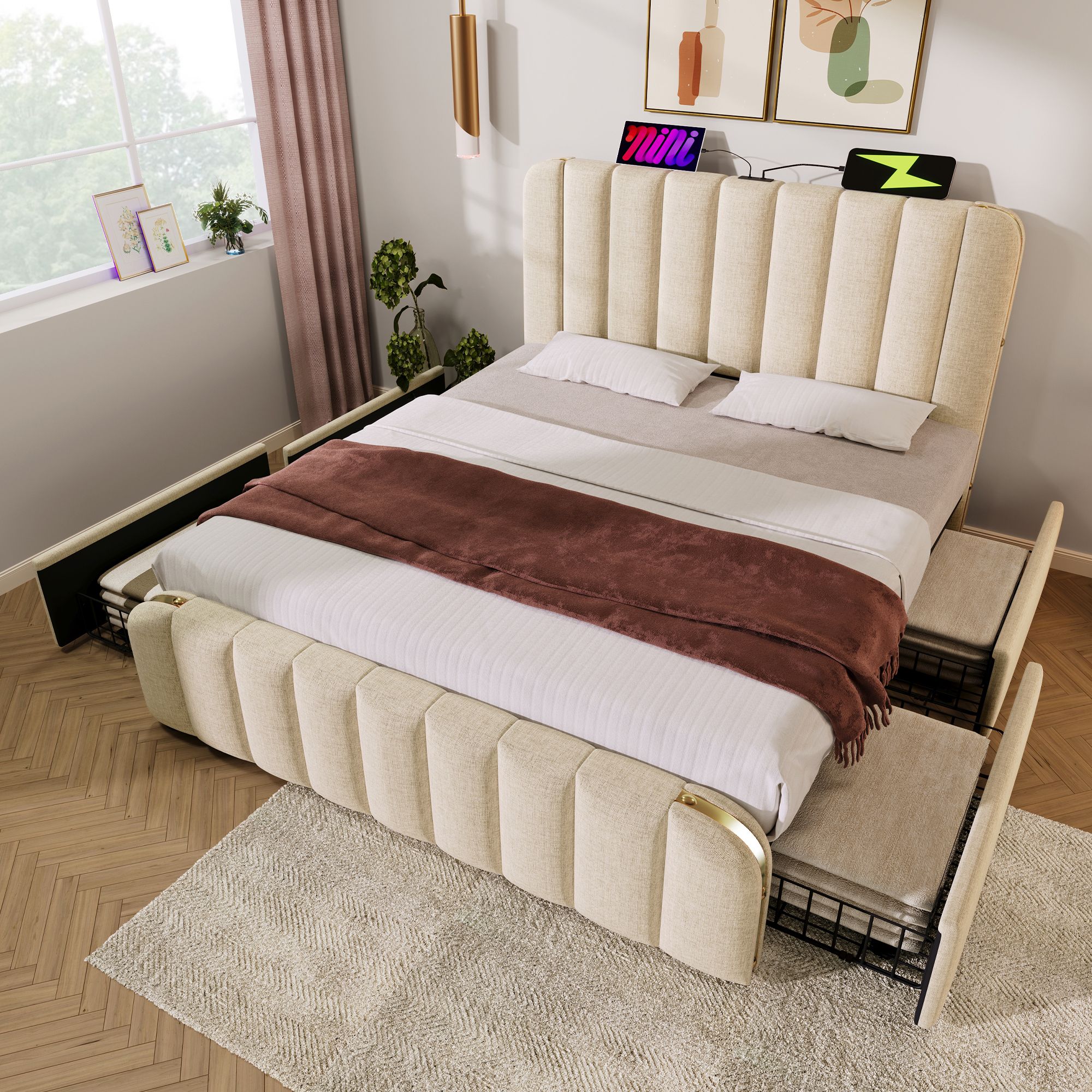 Flieks Polsterbett 160x200cm mit Ladefunktion (USB, Typ-C), Doppelbett Stauraumbett mit 4 Schubladen, Jugendbett Funktionsbett, Leinen, Beige