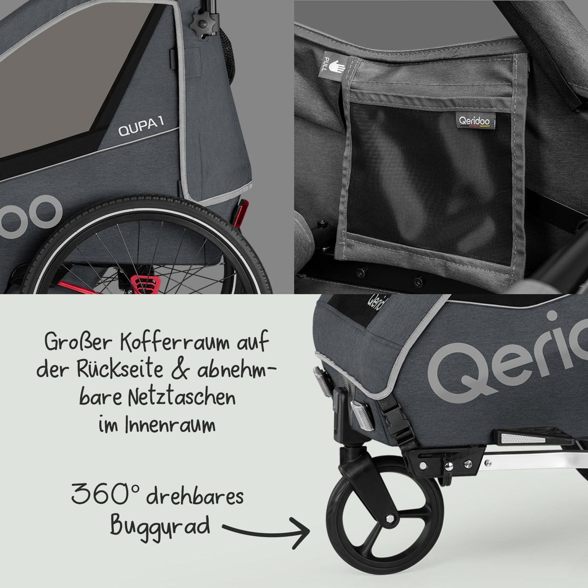 Qeridoo QUPA 1 - Kinderfahrradanhänger für 1 Kind, Farbe: Grey