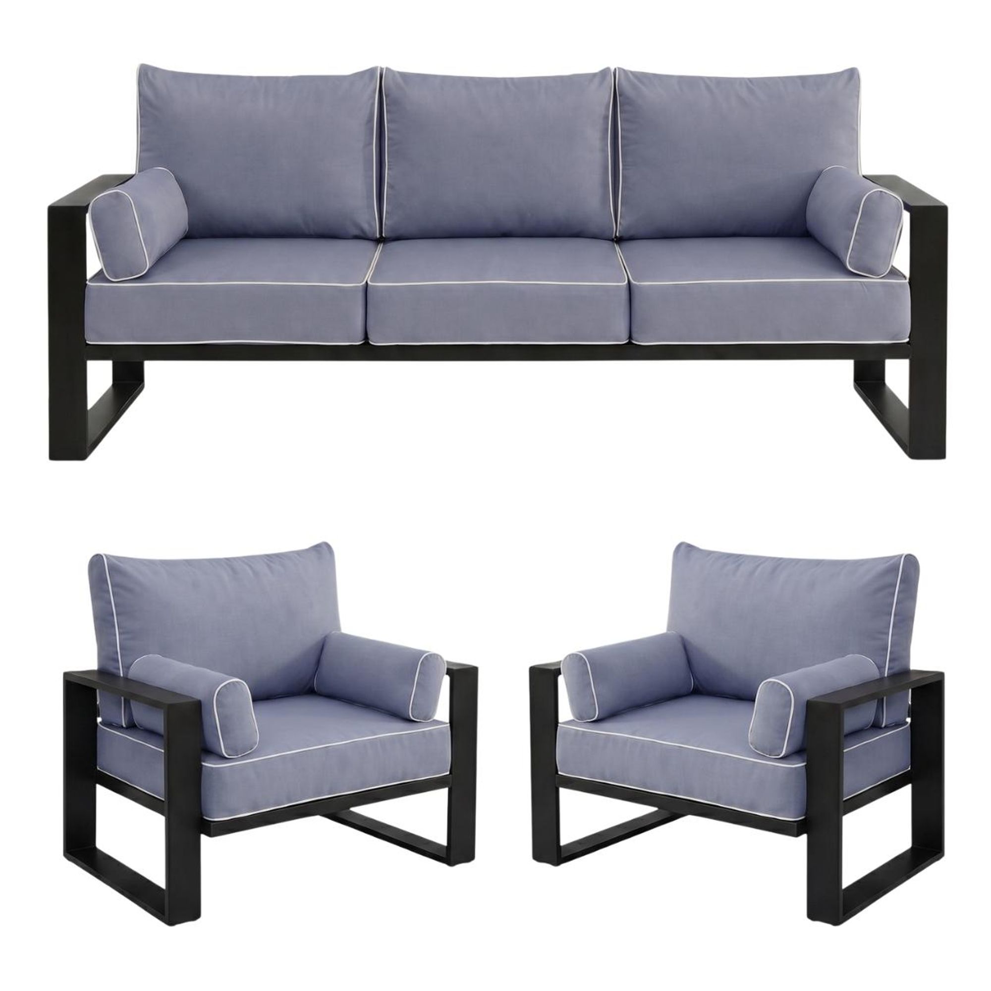 BEAUTYSOFA | VERDINO Gartenmöbel Set Blaugrau – 3-Sitzer Sofa + 2 Sessel, Garten Lounge Set wetterfest, Metallrahmen, SIMAX 42