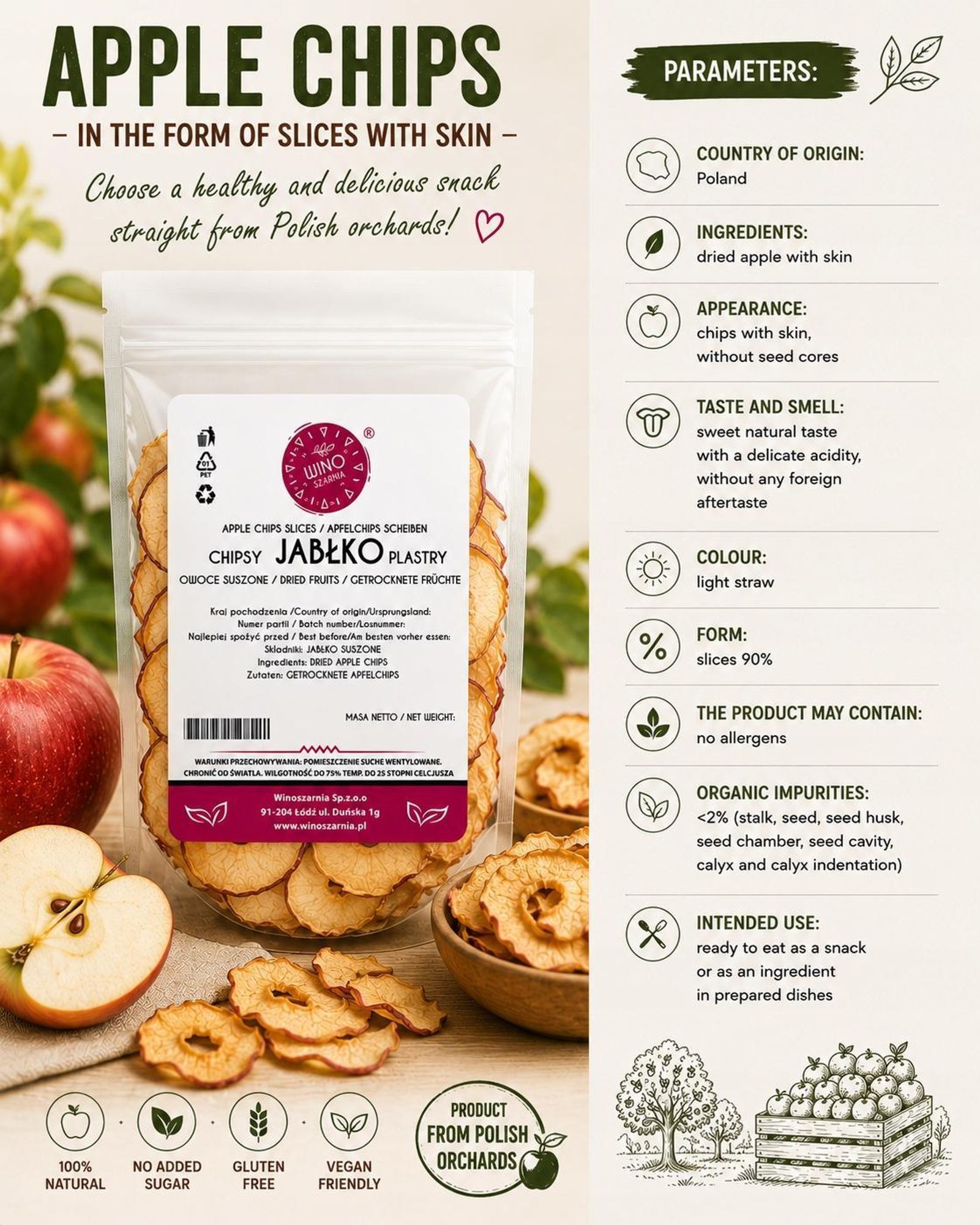 Jablečné chipsy – sušené plátky jablek, 100 g, z jablek se slupkou