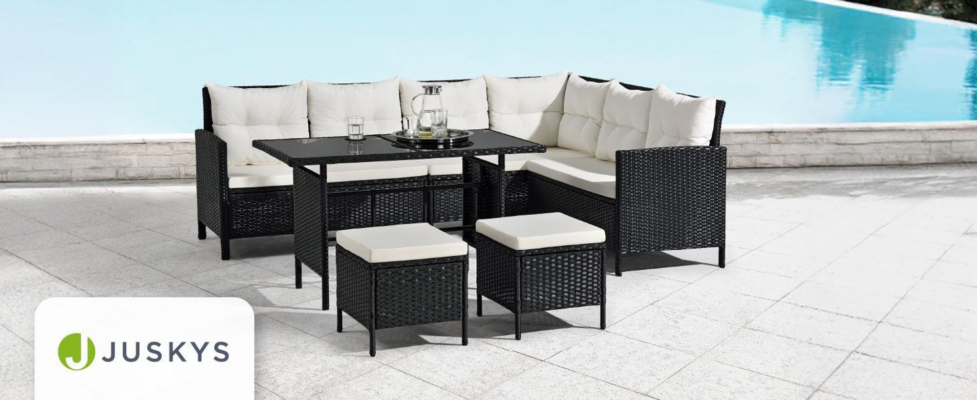 Juskys Polyrattan Lounge Manacor - Sofa, Tisch, Hocker & Kissen inkl. Abdeckung - Schwarz & Creme