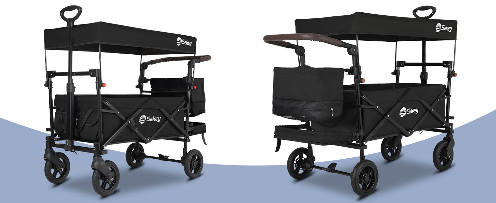 Sekey Bollerwagen Faltbar mit Dach und Sitz, Bollerwagen für 2 Kinder, mit 3-Punkt Gurtsystem, Schwarz
