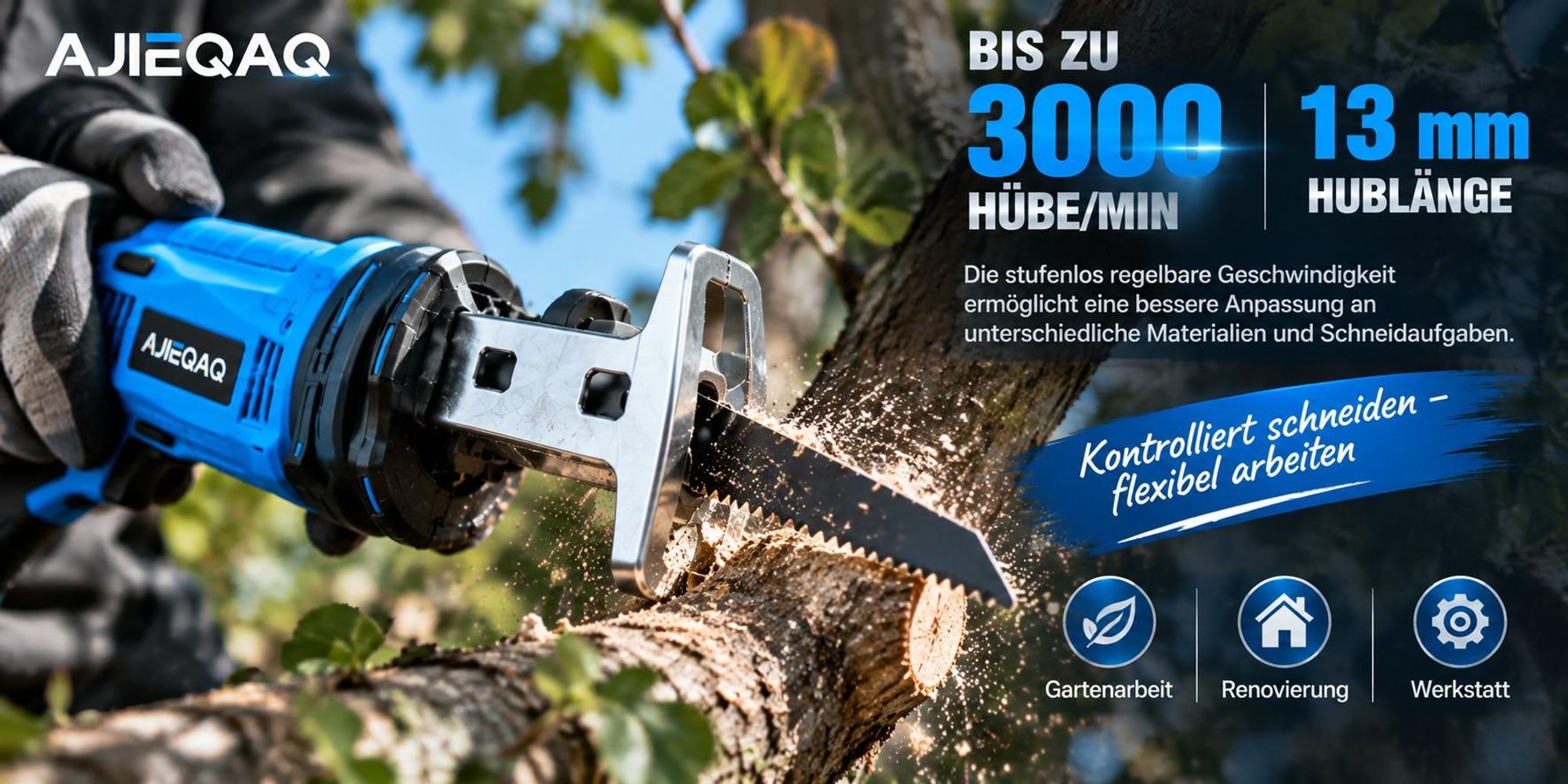 Akku-Säbelsäge 21V, 0–3000 Hübe/min, 13 mm Hub, 2×2,0Ah Akkus, LED, 4 Sägeblätter, Koffer