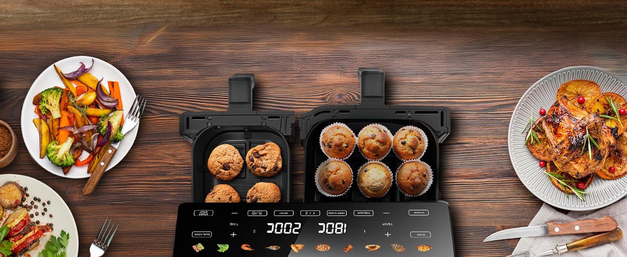 Extralink Air Fryer Dual Basket 10 l Heißluftfritteuse 2500 W mit 2 Körben und Touchdisplay