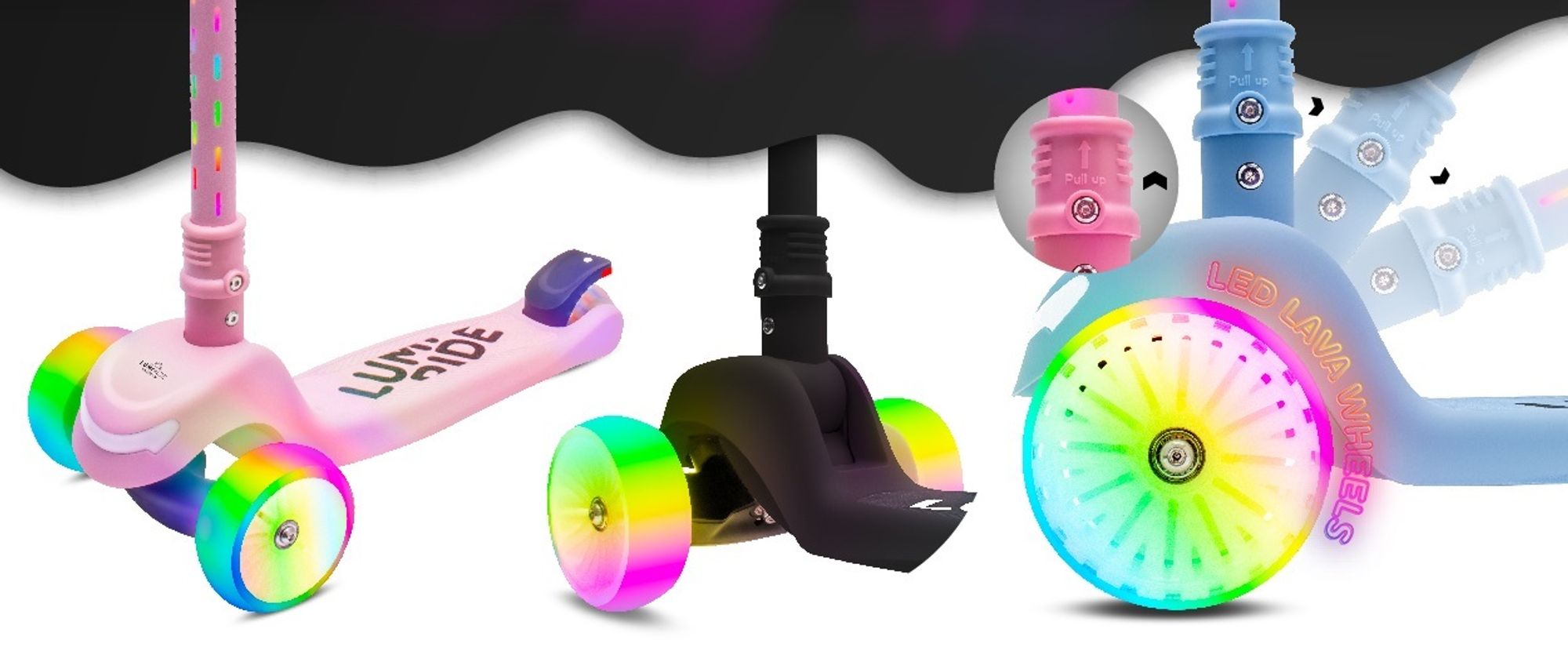 LUMI RIDE Kinder Roller Kinderscooter Dreiradscooter mit LED Räder, Hinterbremsen, Höhenverstellbare, bis 50kg belastbar, klappbar Regenbogen Sun Baby