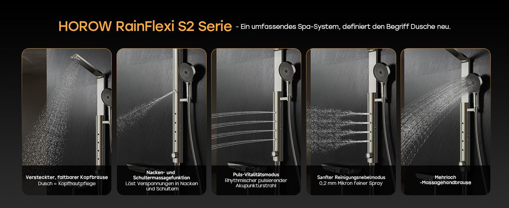 HOROW RainFlexi S2 Duschpaneel mit Thermostat, Grau Regendusche mit Klappbaren Kopfbrause, Höhenverstellbares Duschsystem