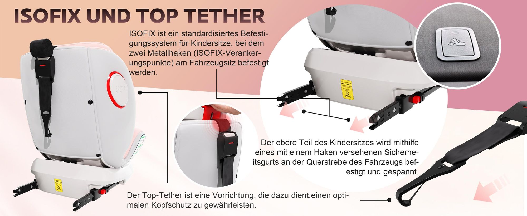 DEWINNER ISOFIX-Kindersitz 0 bis 36 kg – um 360° drehbarer Kindersitz, I-Size Gruppe 0+1/2/3 (40–150 cm), 5-Punkt-Gurt, Verschleißschutzpolster, Rosa