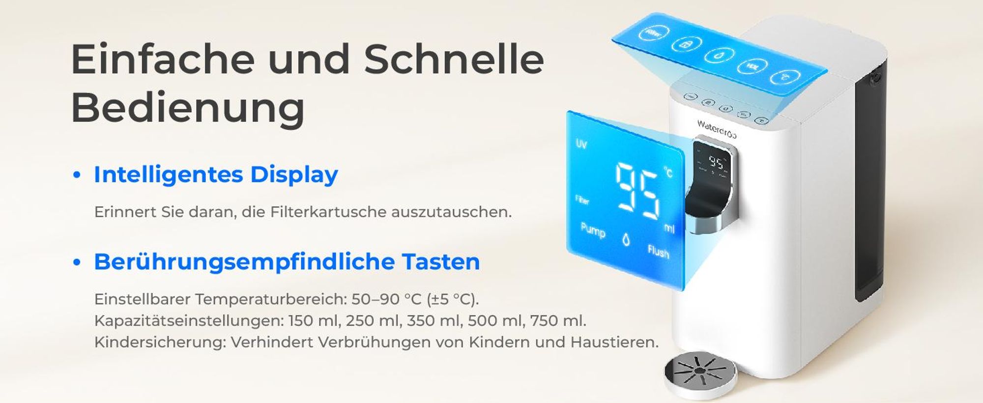 [Mineralien] Waterdrop K19-HG Umkehrosmose-Wasserfiltersystem für die Arbeitsplatte, Sofort-Heißwasserspender, Tragbar, 7-Stufig mit UV