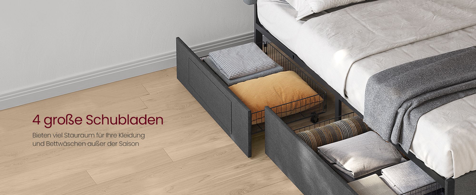 VASAGLE Doppelbettgestell, Bettgestell, 140 x 200 cm, LED, Metallbett, 4 Schubladen, Ladestation, verstellbares gepolstertes Kopfteil, Schiefergrau