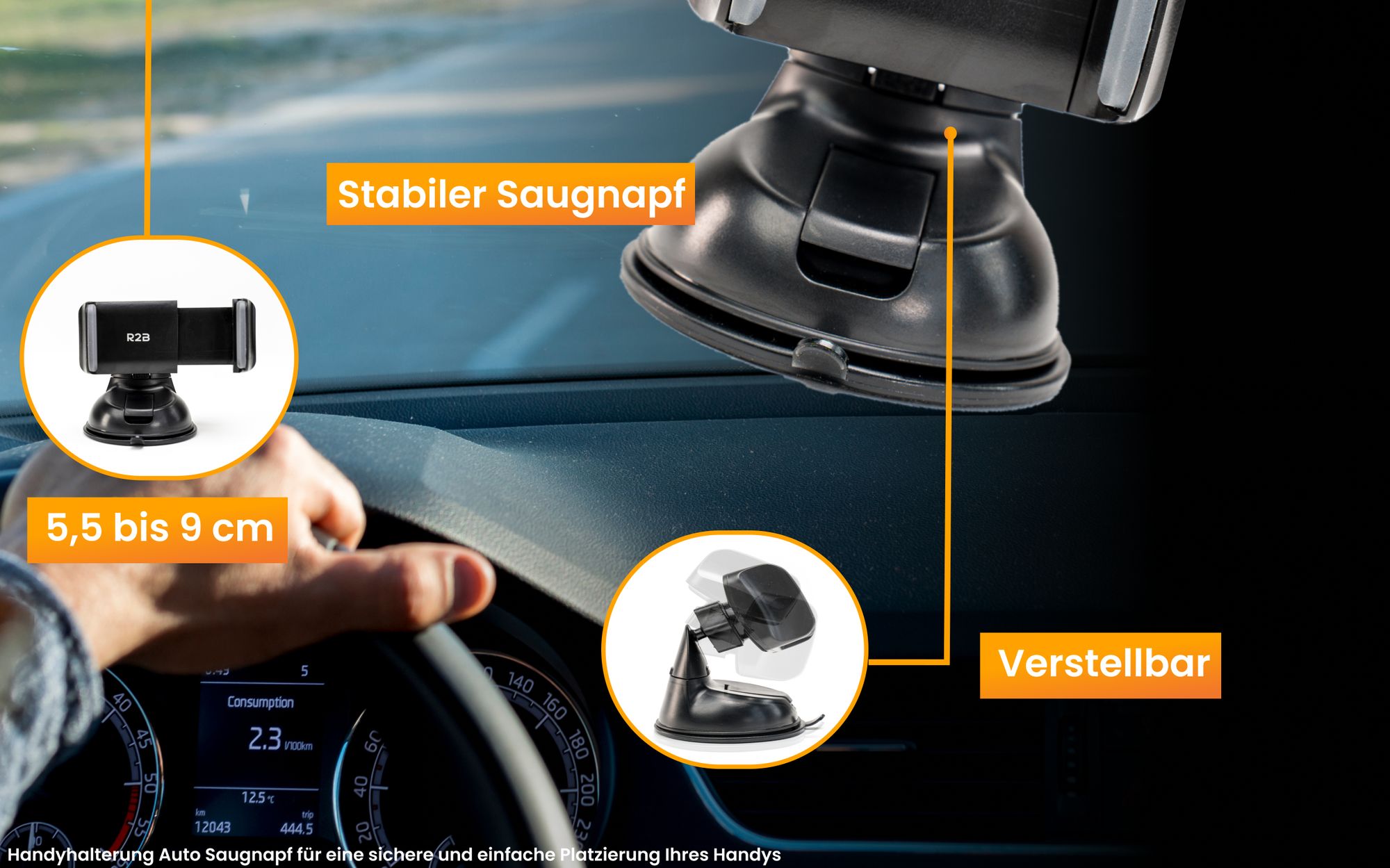 R2B Handyhalterung Saugnapf - Handy Halterung Auto, Handyhalter fur handys max 8,5 cm Breit, Für Fenster und Armaturenbrett, 360-Grad-Drehfunktion