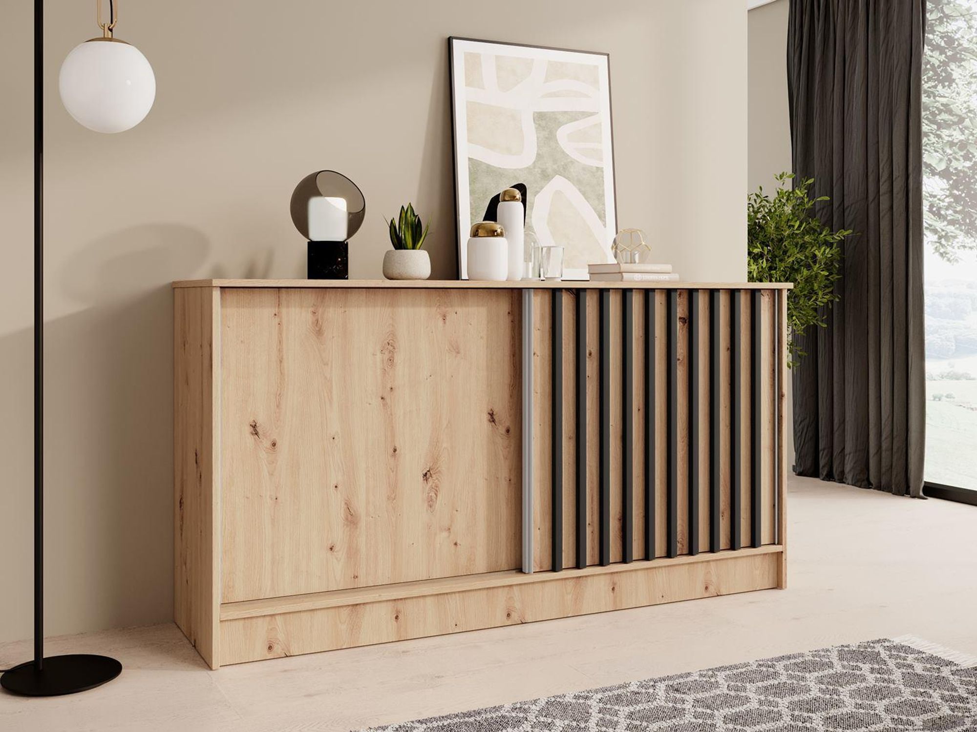 BEAUTYSOFA | Kommode HORIZON 160 cm Artisan, Schwarz mit Lamellen Sideboard mit 2 Schiebetüren, Modernes Design, viel Stauraum