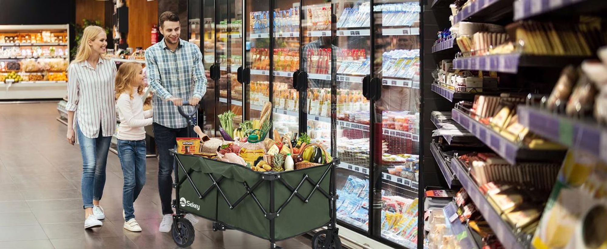 Sekey Bollerwagen faltbar 150 kg mit Bremsen, klappbarer Handwagen für Garten und Ausflug, Grün