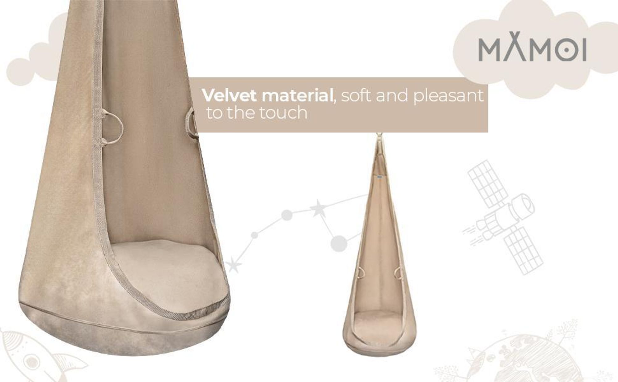 MAMOI® Závěsné křeslo pro děti z veluru – závěsný kokon & Cocoon závěsná jeskyně pro děti, závěsný vak s polštářem a hákem, dětská houpačka