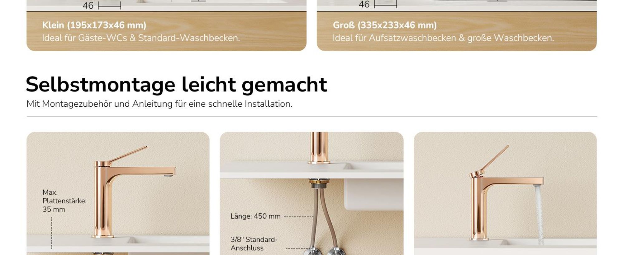 EMKE Wasserhahn Bad Roségold 195x173x46mm, Messing, Keramikkartusche, Badarmatur, Mischbatterie Waschbecken-Armatur, Waschtischarmatur