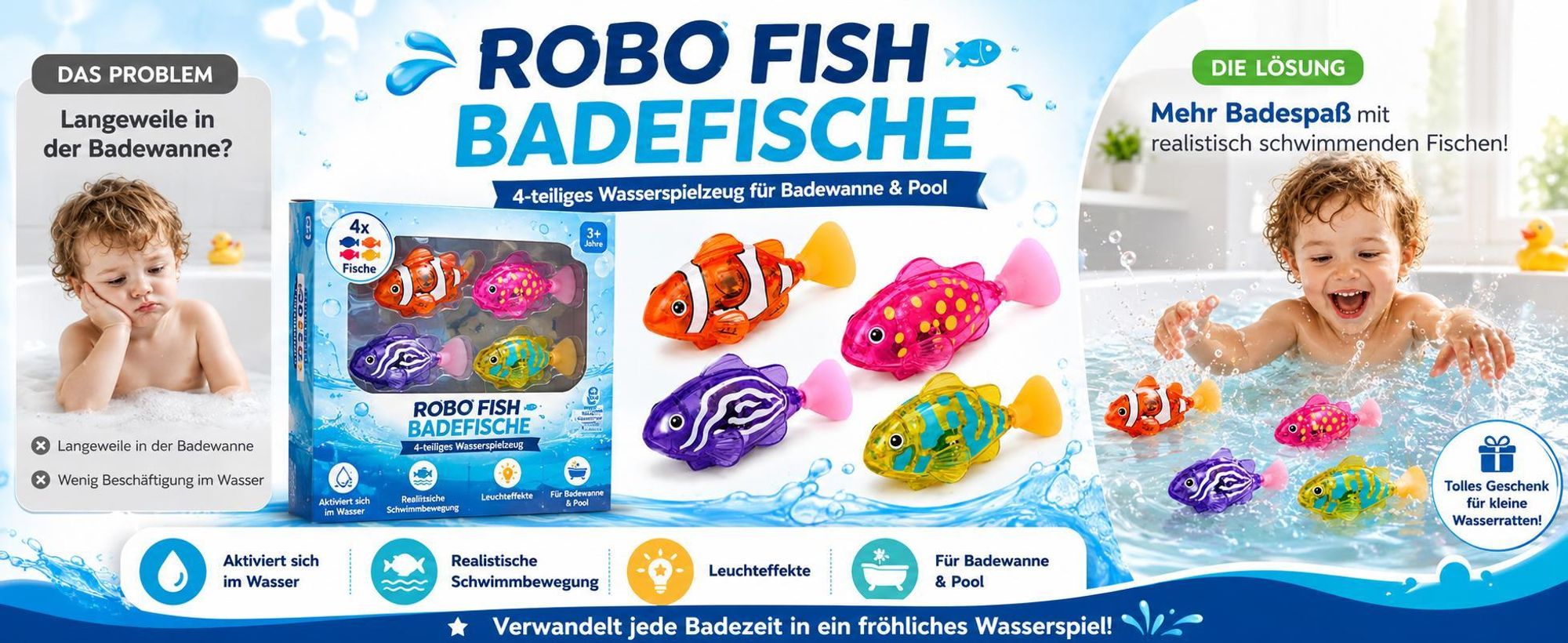 4er Set Schwimmender Roboter-Fisch Spielzeug mit wasseraktiviertem Sensor, Robo Fish Wasserspielzeug für Kinder - FISHISWIM