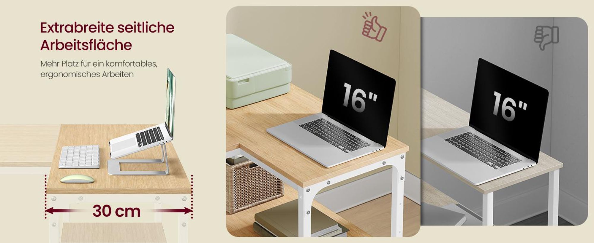 VASAGLE Schreibtisch mit Stauraum, L-Form Computertisch, höhenverstellbare Ablage, Büro, 120 x 80 cm, Natureichenfarben und Mattweiß