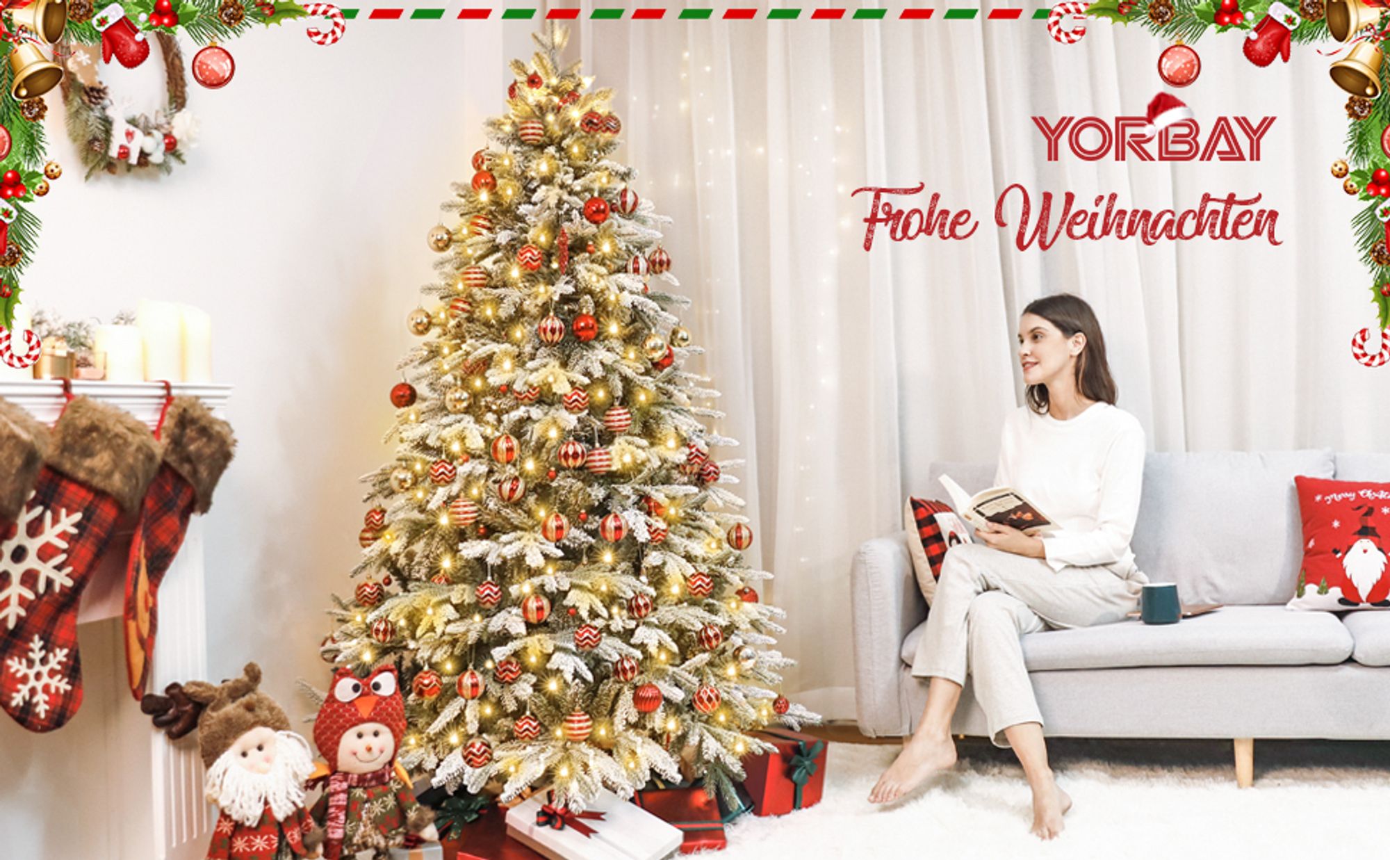 Yorbay 210cm Künstlicher Weihnachtsbaum Tannenbaum mit Beleuchtung Weiß Schneeflocken LED für Weihnachten-Dekoration