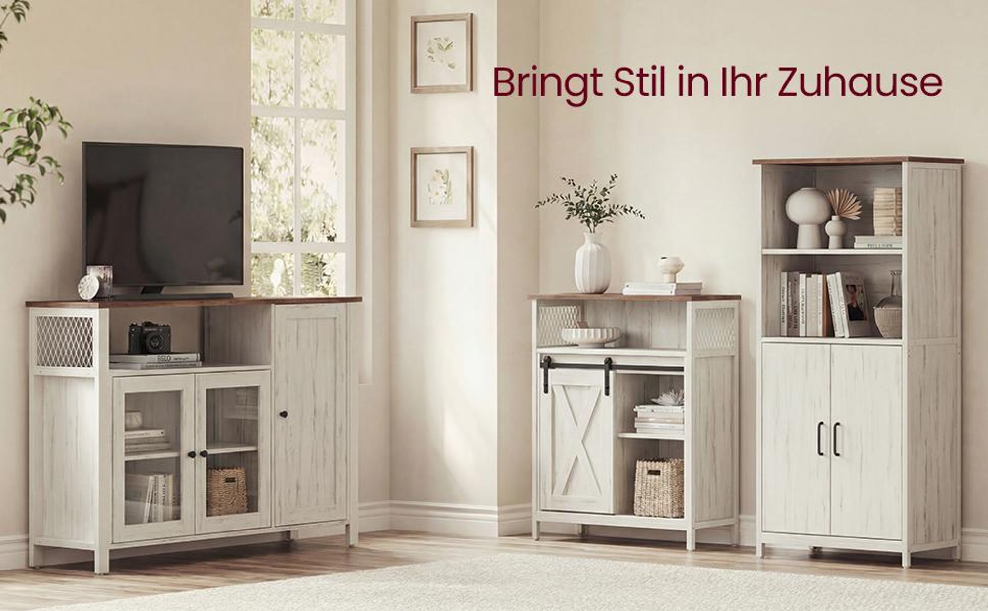 VASAGLE Küchenschrank, 33 x 110 x 75 cm, Aufbewahrungsschrank im Landhausstil, für Esszimmer oder Küche, braun-weiß