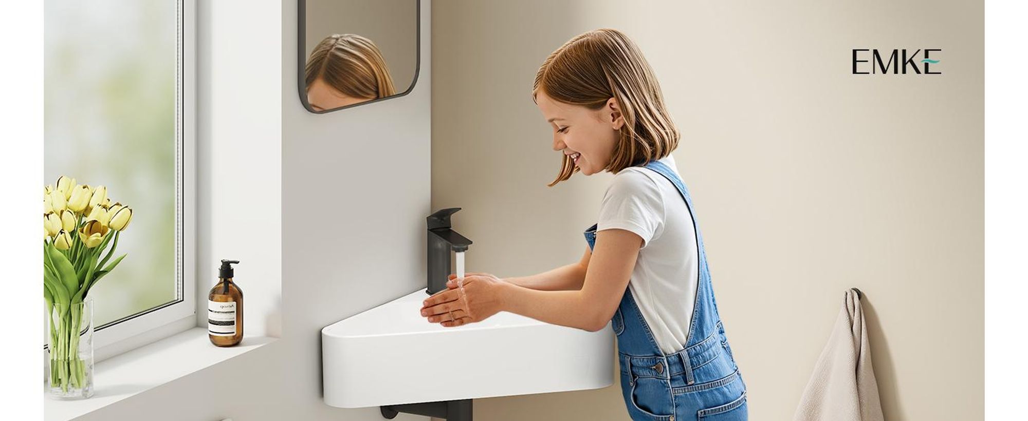 EMKE Lavabo angolare a parete in ceramica 560x340 mm Bianco lucido Lavabo triangolare a parete con troppopieno e foro per rubinetto per WC ospiti e bagni piccoli