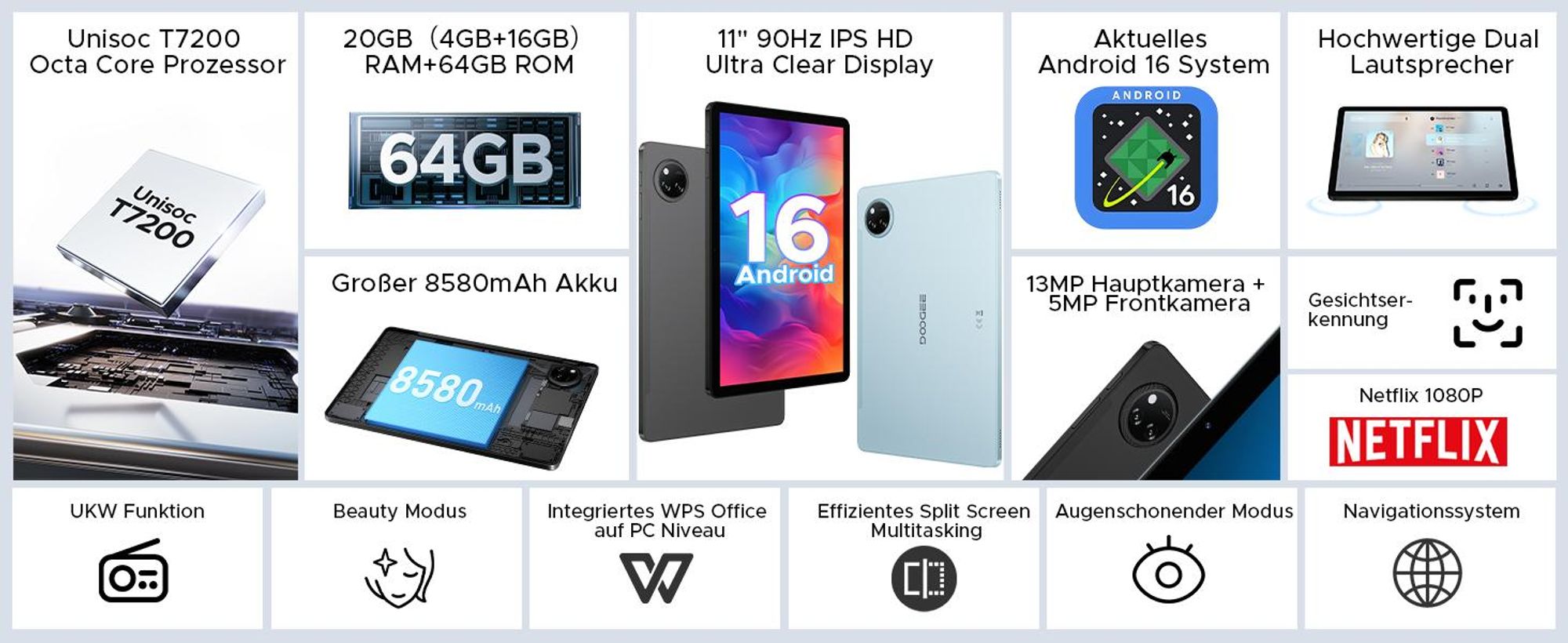 DOOGEE Tab A9+- Tablet,Android 16, 11 Zoll, 20(4+16)GB+64GB(bis 2TB erweiterbar), 90Hz, WiFi 5,8580mAh,Widevine L1