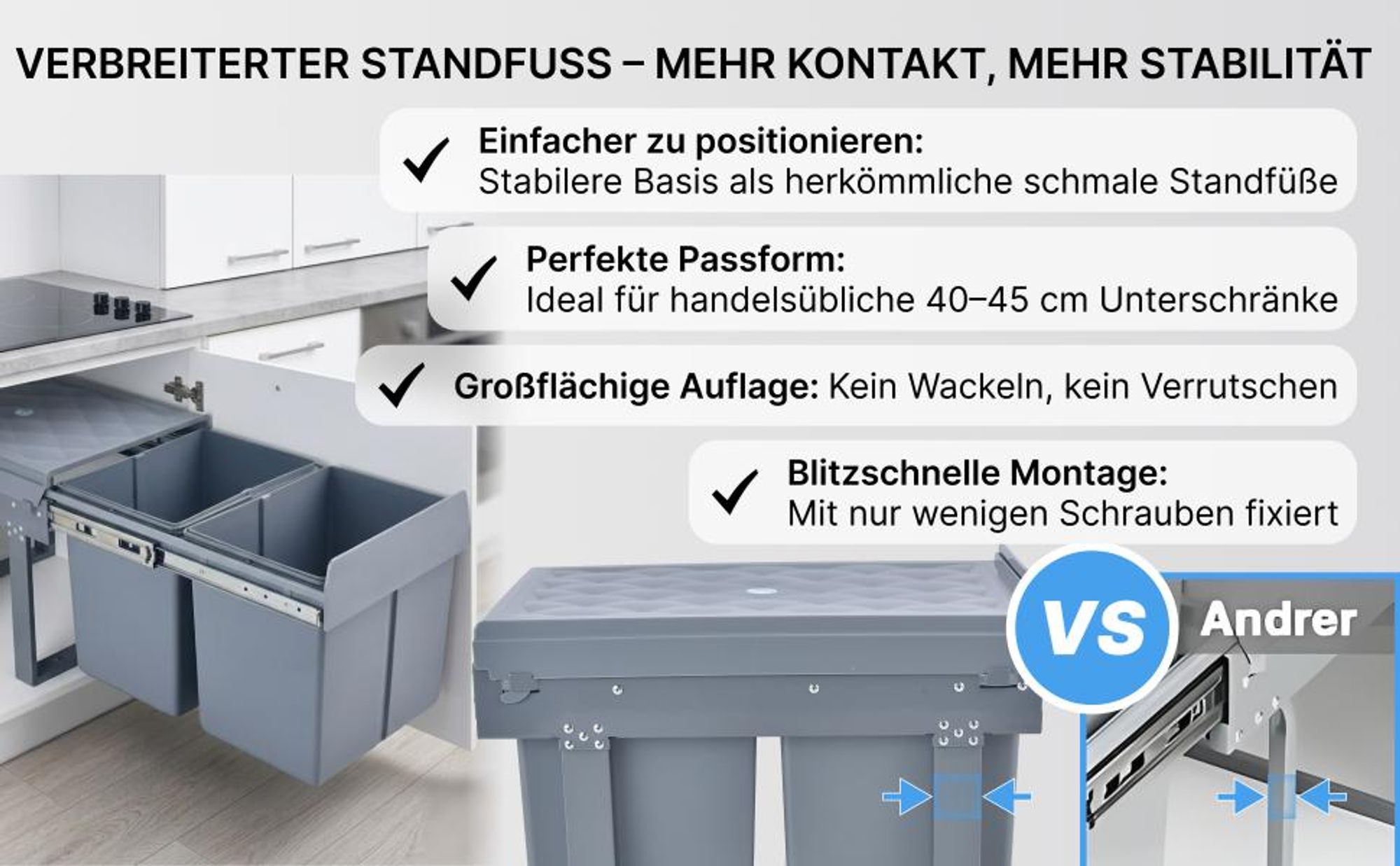 MinteLiv Einbaumülleimer 2x15L Mülltrennsystem Ausziehbar, Stahlrahmen, 48x33,5x35,3 cm