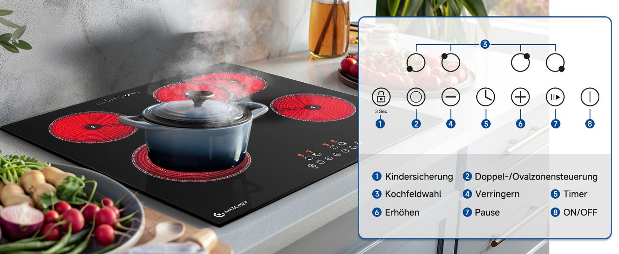 AMZCHEF Glaskeramikkochfeld 60 cm, 4 Zonen, 7200 W, 9 Leistungsstufen, Dual- & Ovalzone, Touch-Control, Timer, Kindersicherung