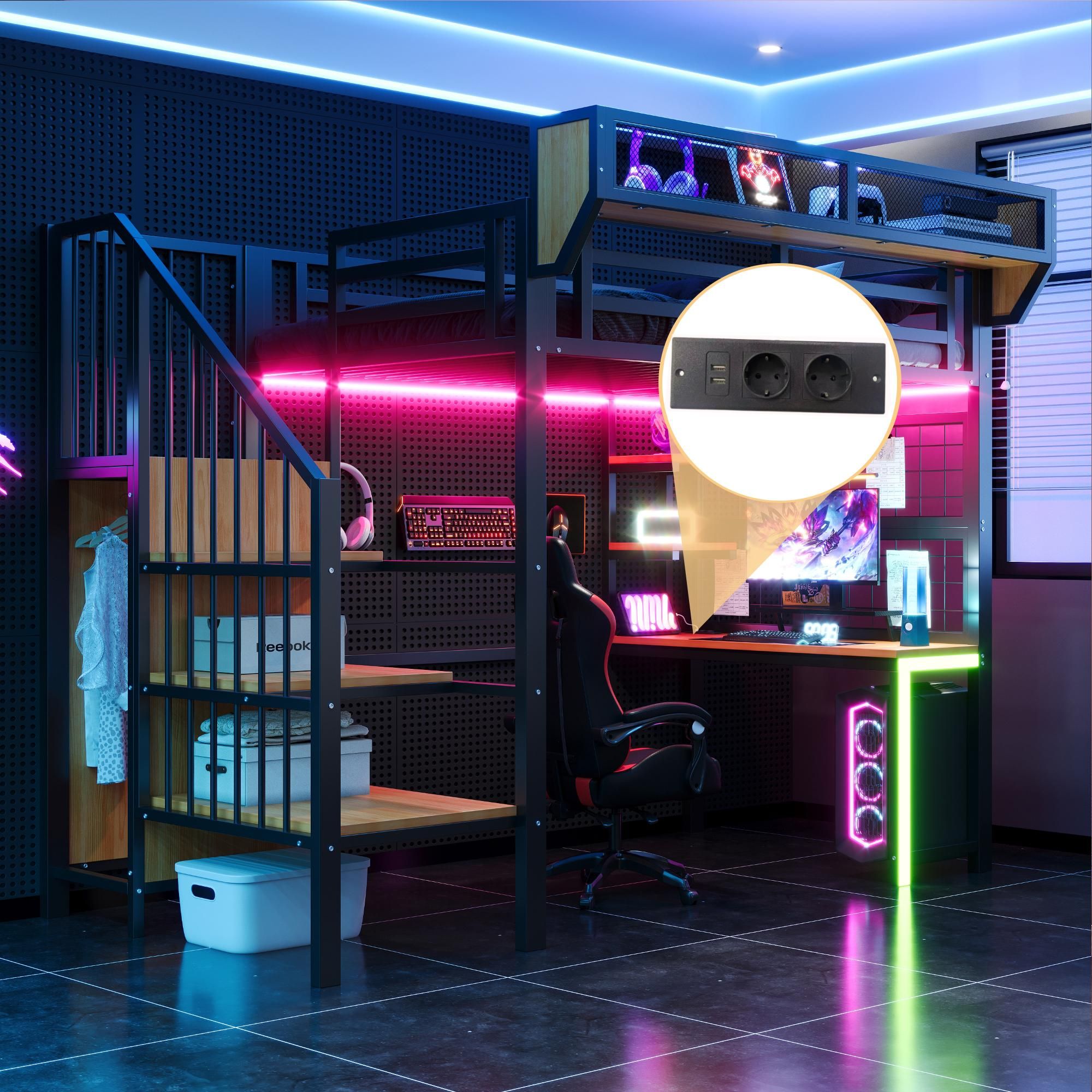 Flieks Etagenbett 90x200cm mit Schreibtisch und Ablagen, Kinderbett Jugendbett mit Led & Ladefunktion, Doppelbett Hochbett mit Kleiderstange, Schwarz