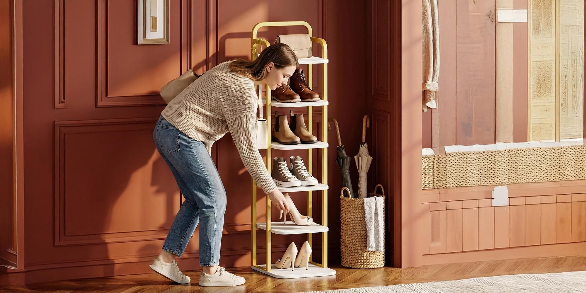 Vertikales Schuhregal, 6-Stöckige, Platzsparend, Weiß Gold | Schuhturm für Kleine Räume, Freistehend, Verstellbar