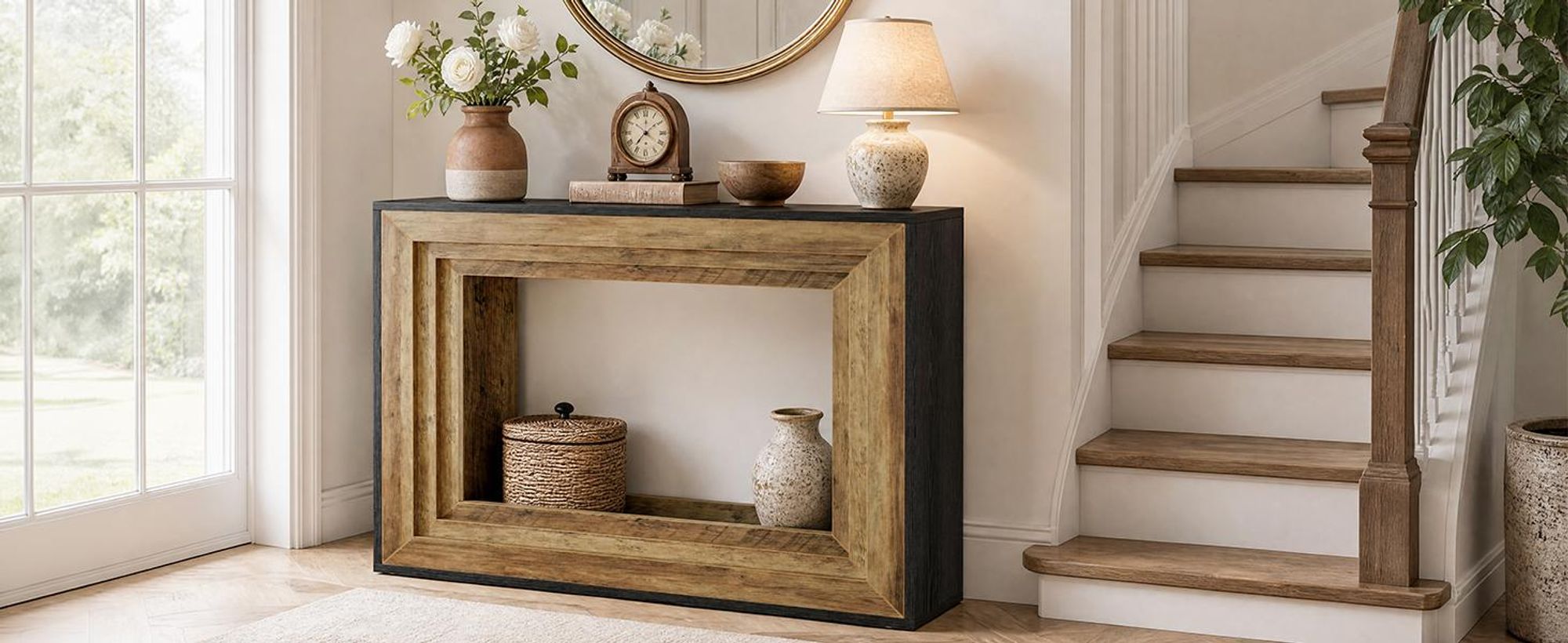Tribesigns Konsolentisch Landhausstil, 105 x 30 x 80 cm Schmaler Flurtisch mit 2 Ablagen, Eingangstisch aus Holz, für Flur, Wohnzimmer Eingangsbereich