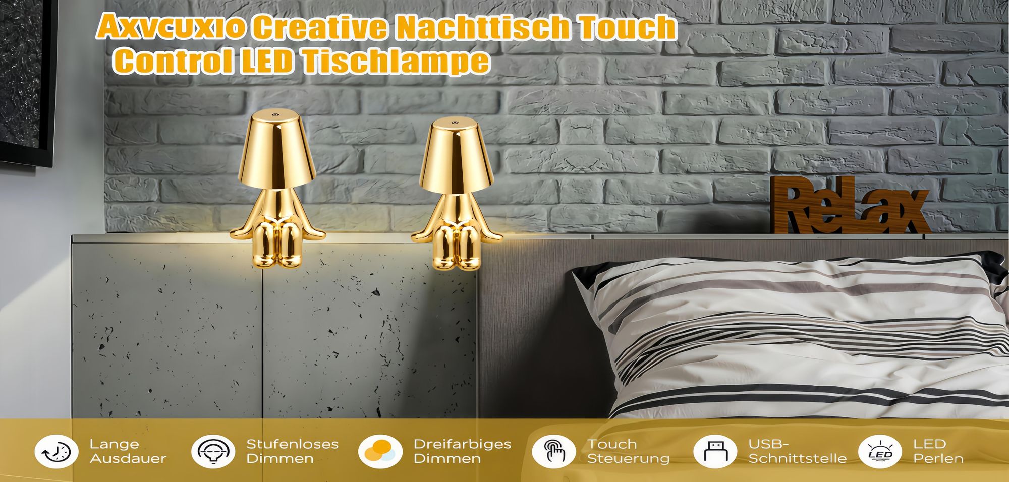 Thinker-Statue LED Nachttischlampe mit Touch-Steuerung,USB-Aufladung,3 Helligkeitsstufen,Kabellose Dimmbare Tischlampe,Dekorative Nachtlicht,(Gold D)